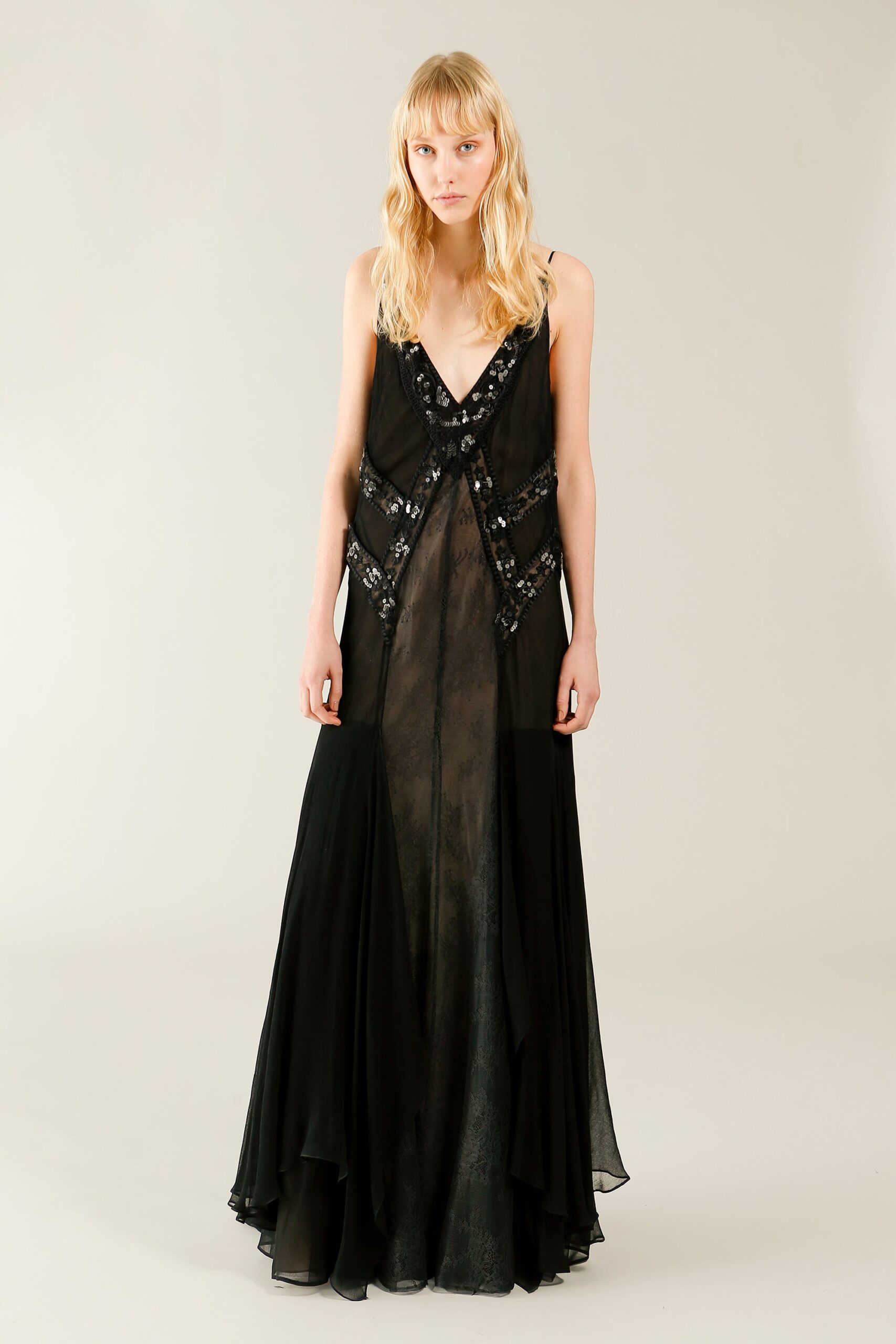 black silk sleeveless gown