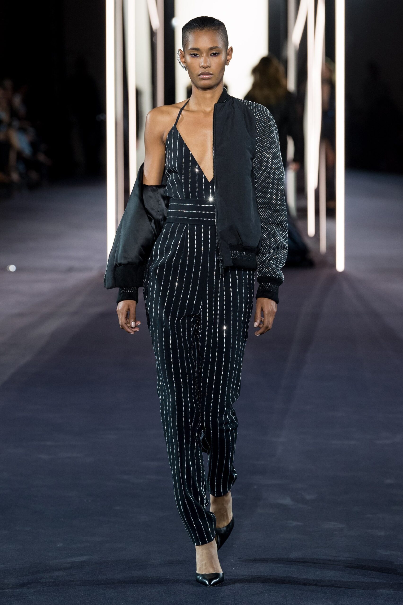 black striped jumpsuit with oversized jacket