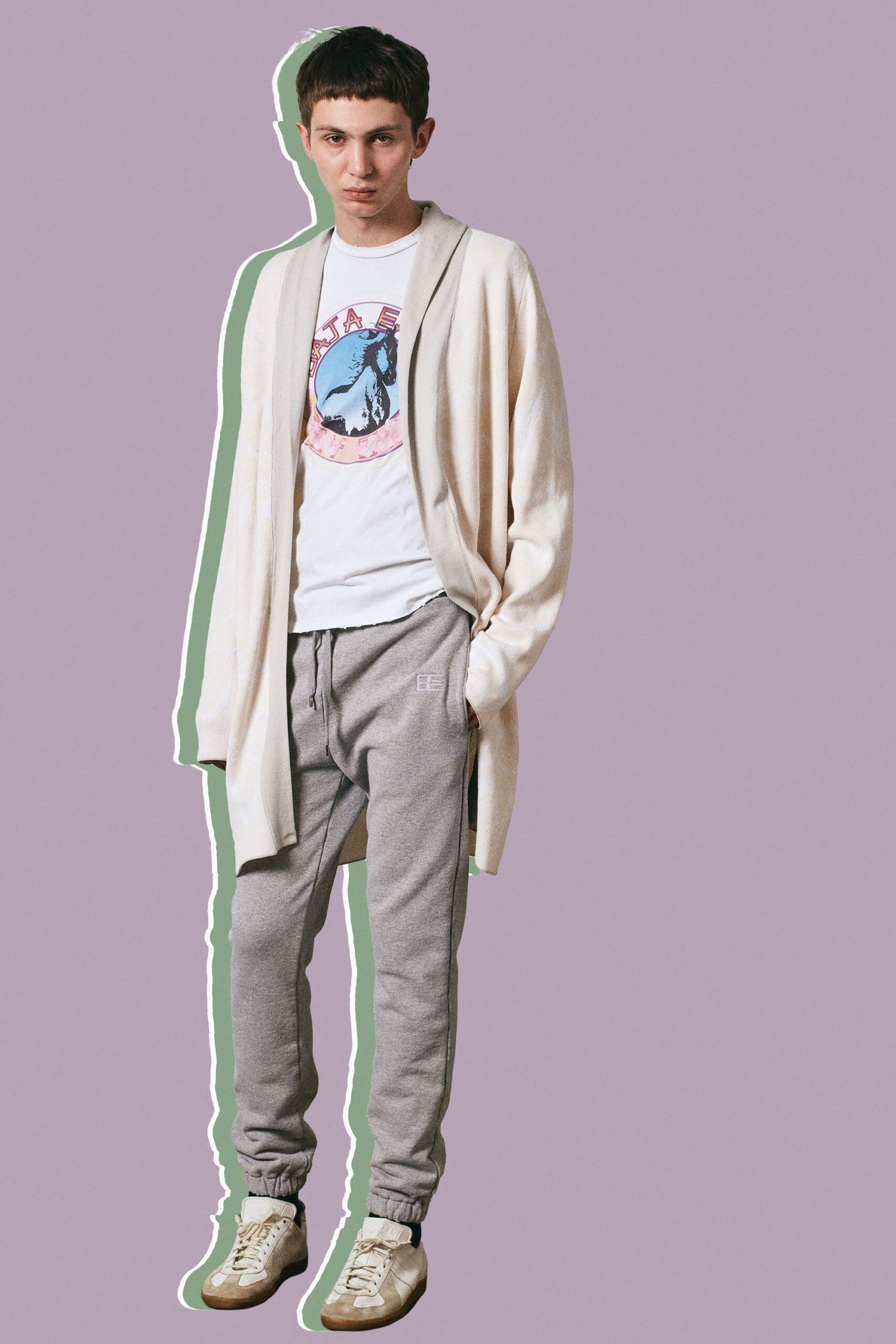 beige cardigan with graphic t-shirt