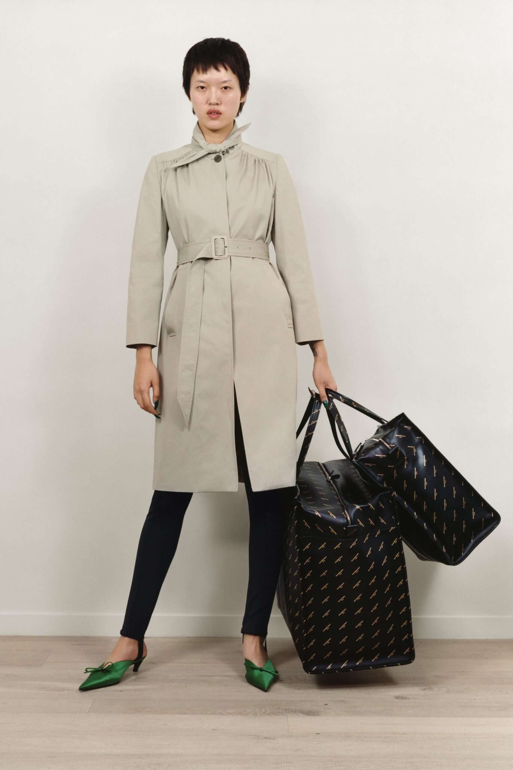 beige cotton long-sleeve collared fitted belted trench