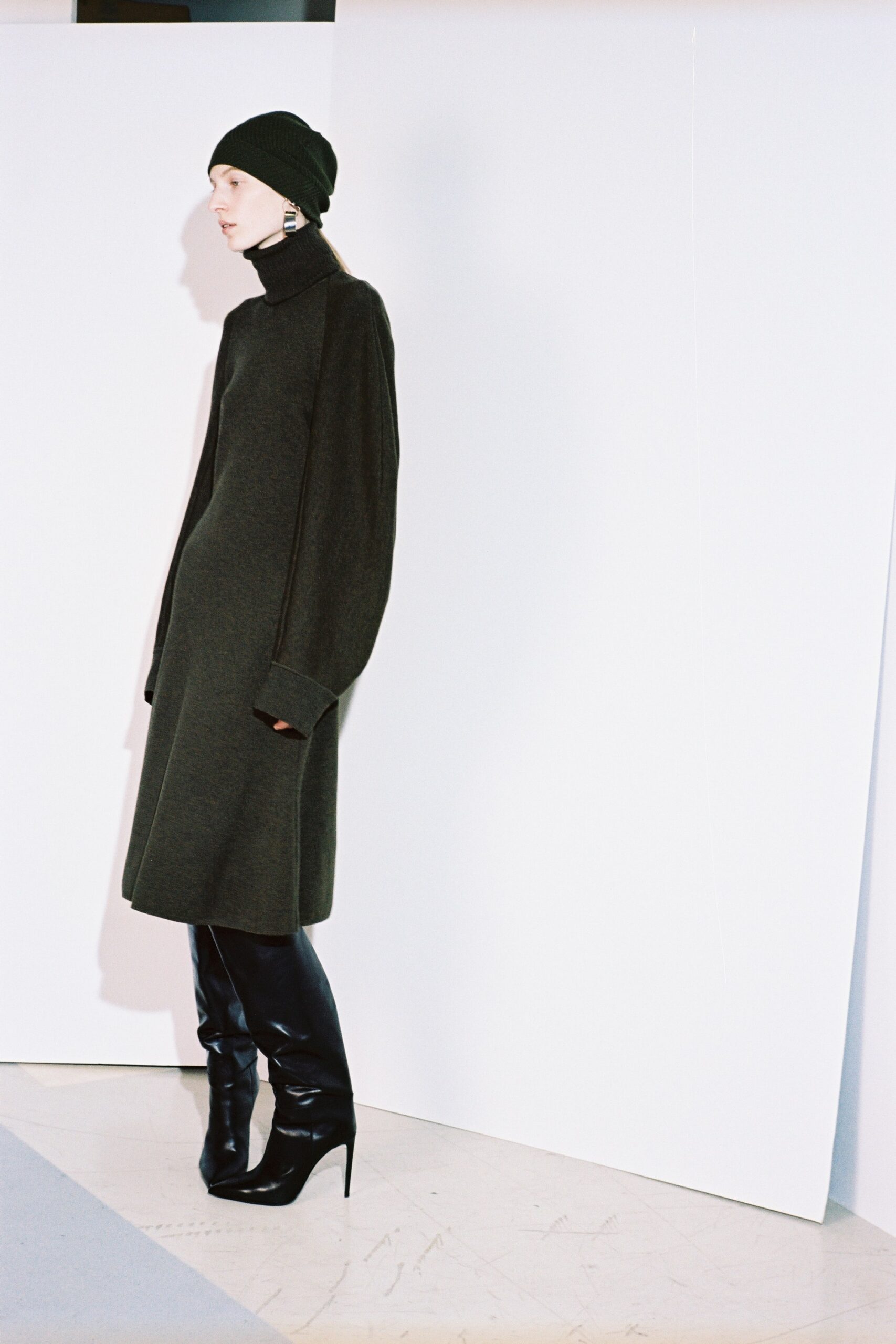 green wool long-sleeve turtleneck relaxed straight-leg midi dress