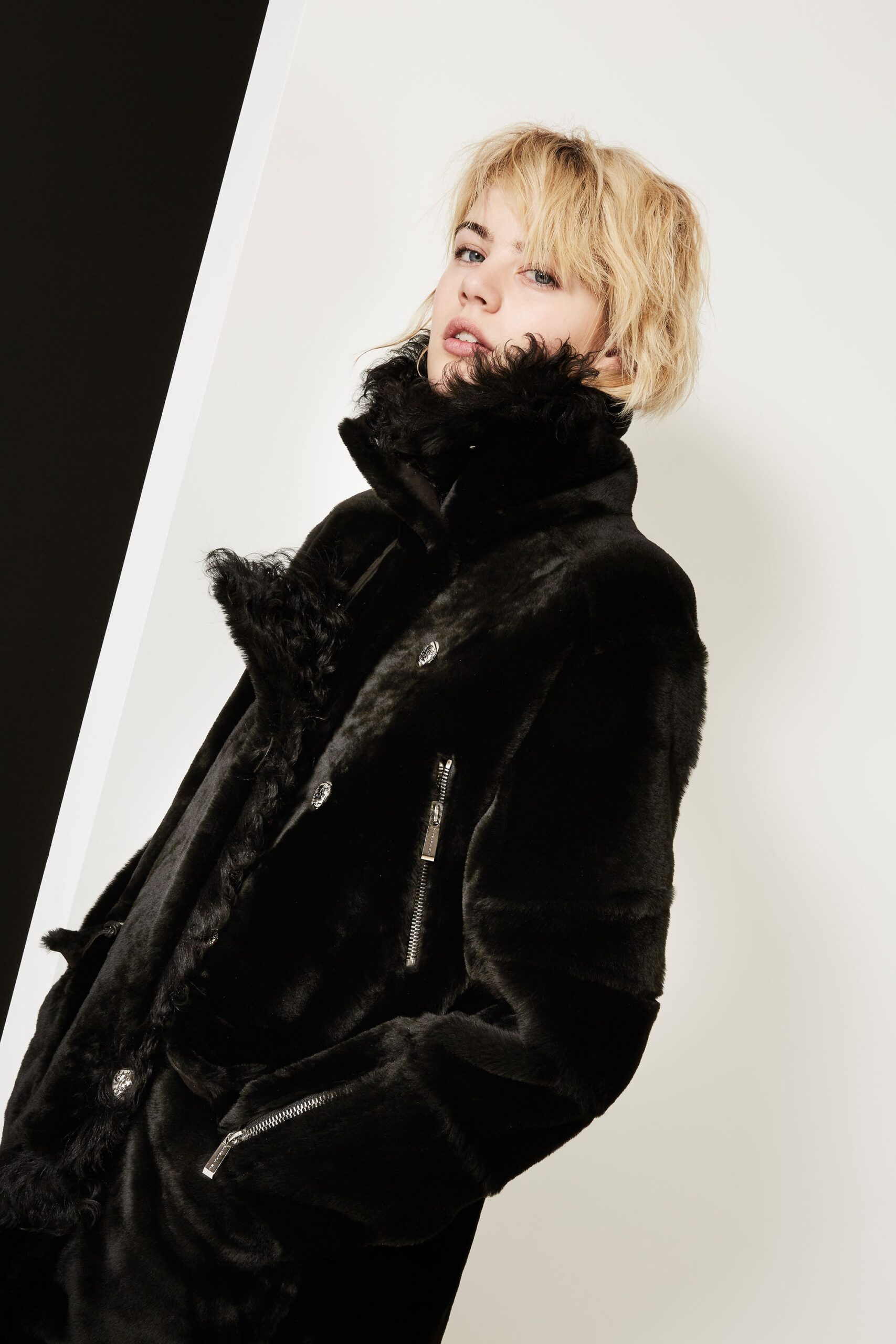 black faux-fur relaxed coat