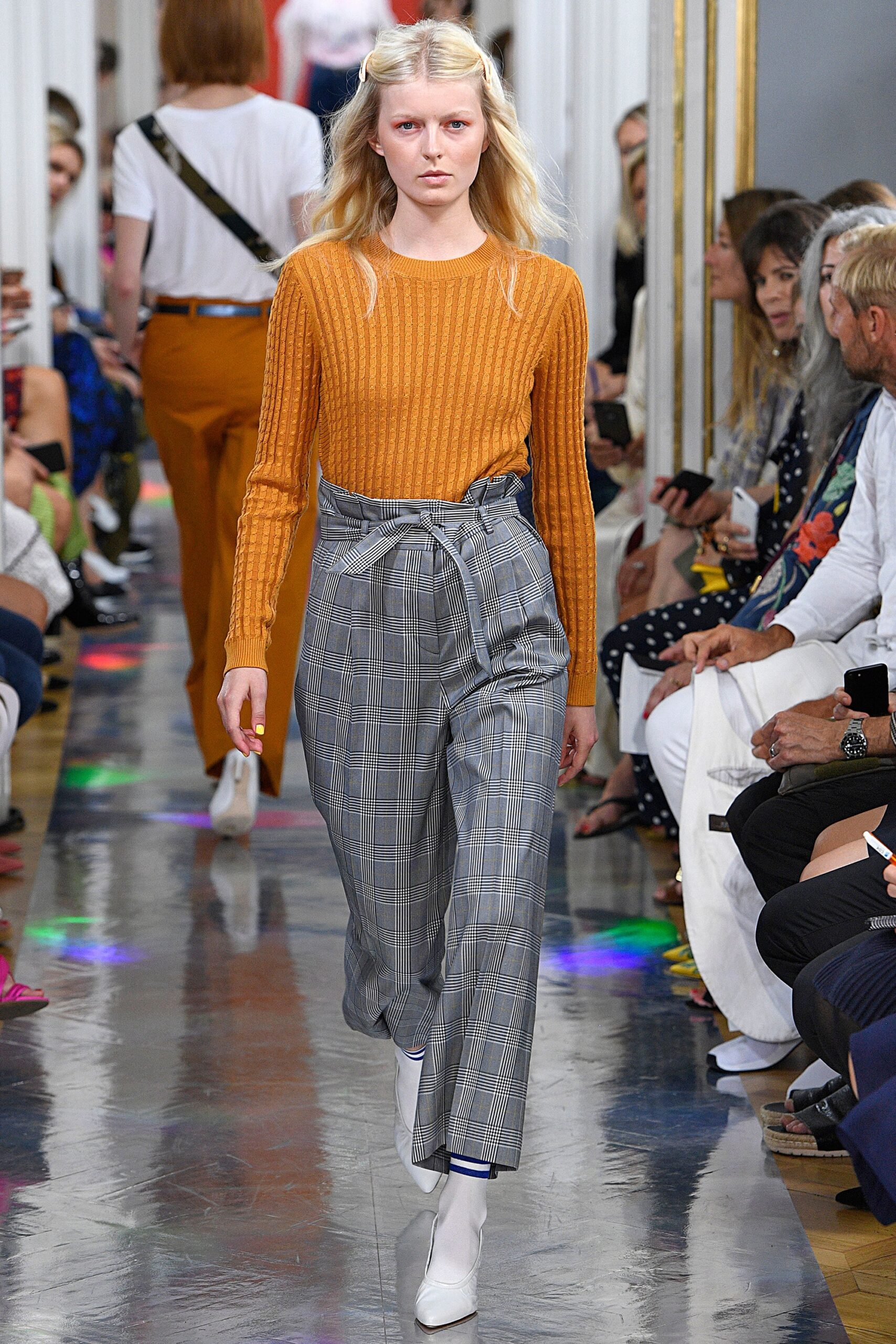 orange ribbed sweater gray plaid pants