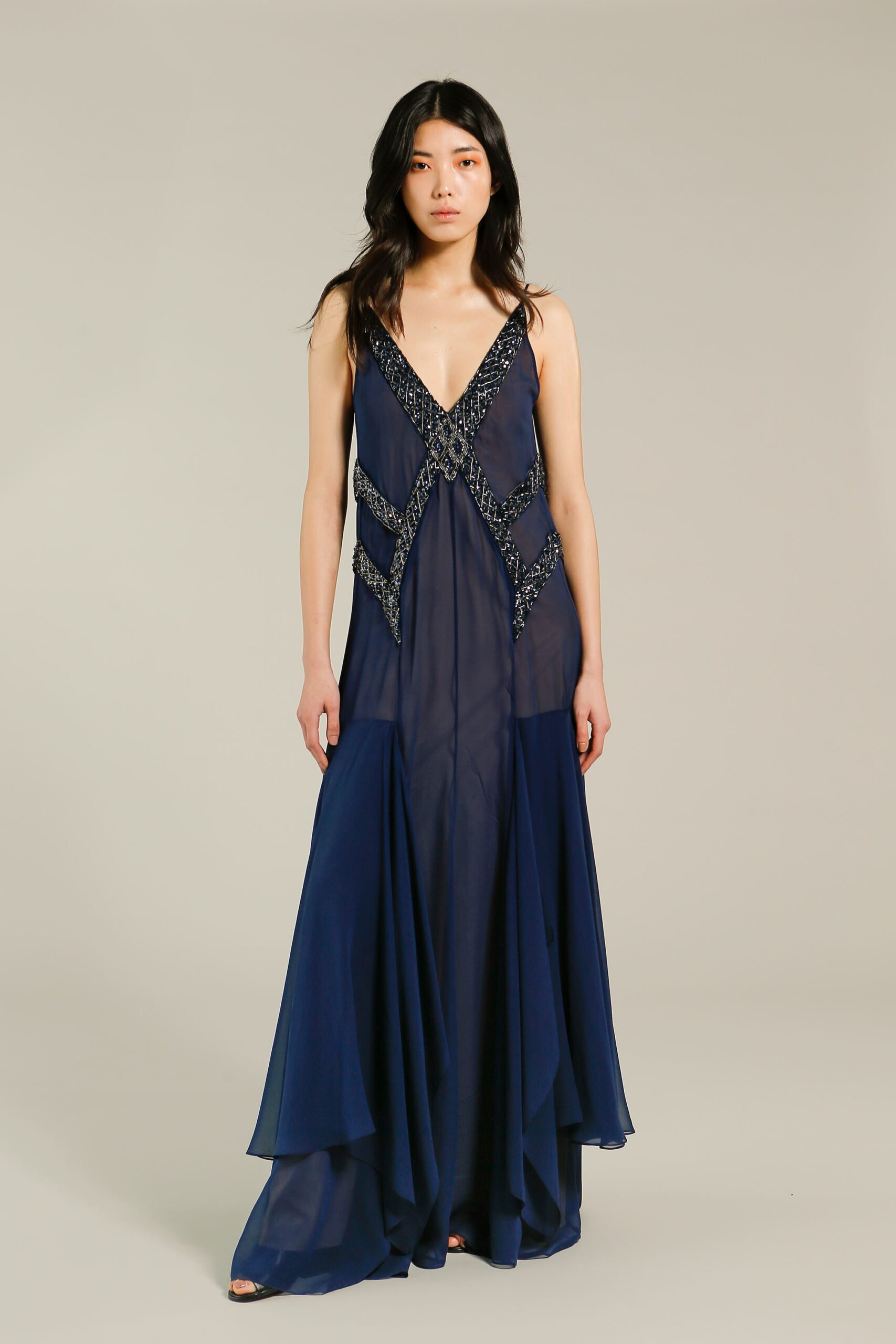 blue chiffon sleeveless gown