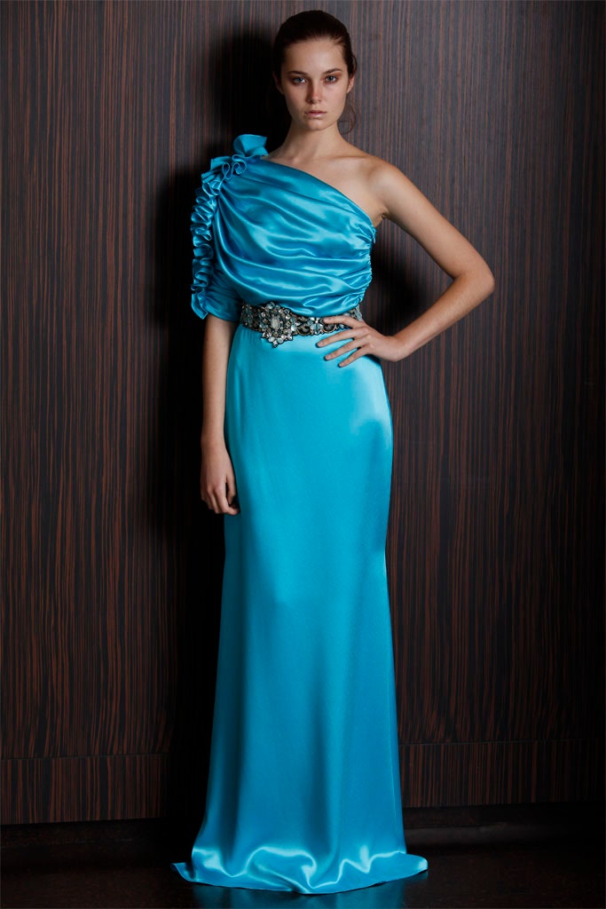 blue silk one-shoulder gown