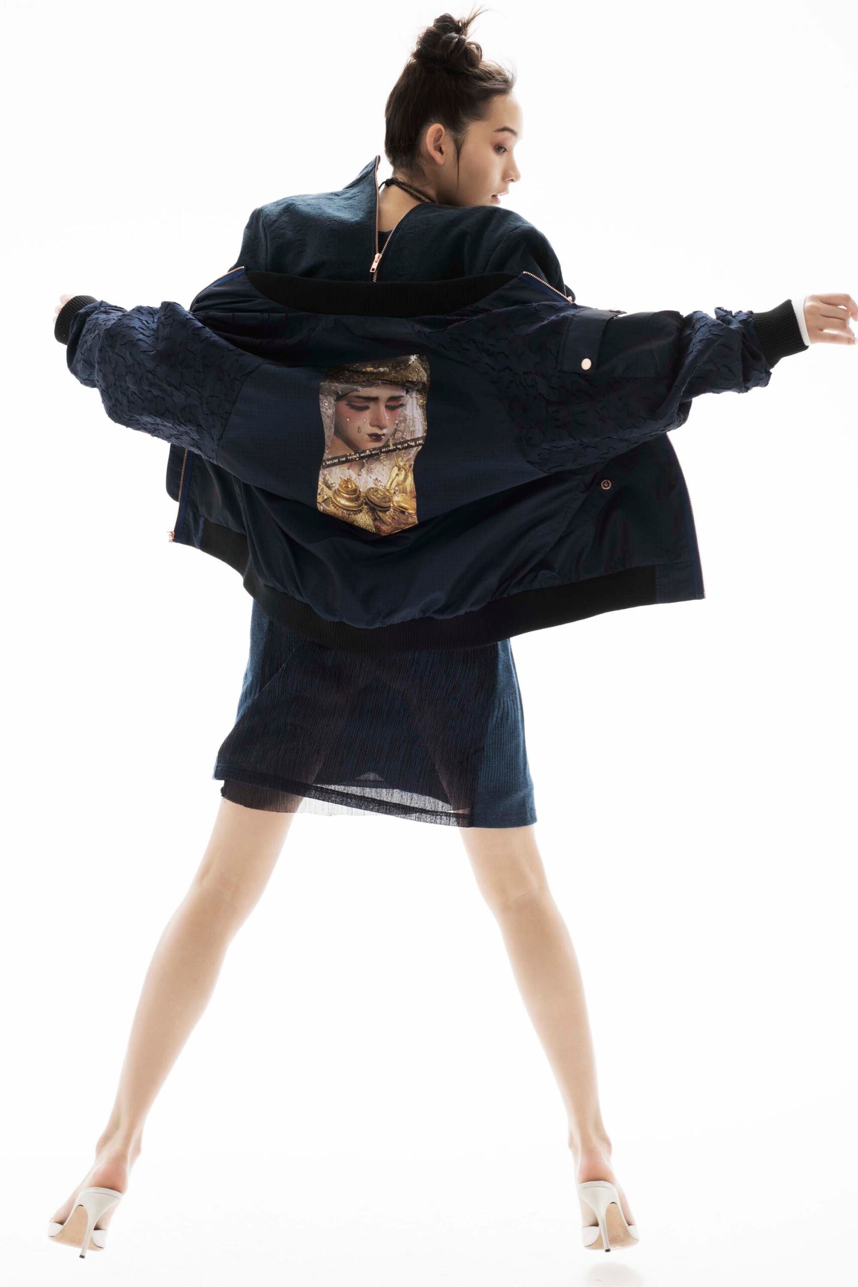 blue relaxed jacket and fitted dress