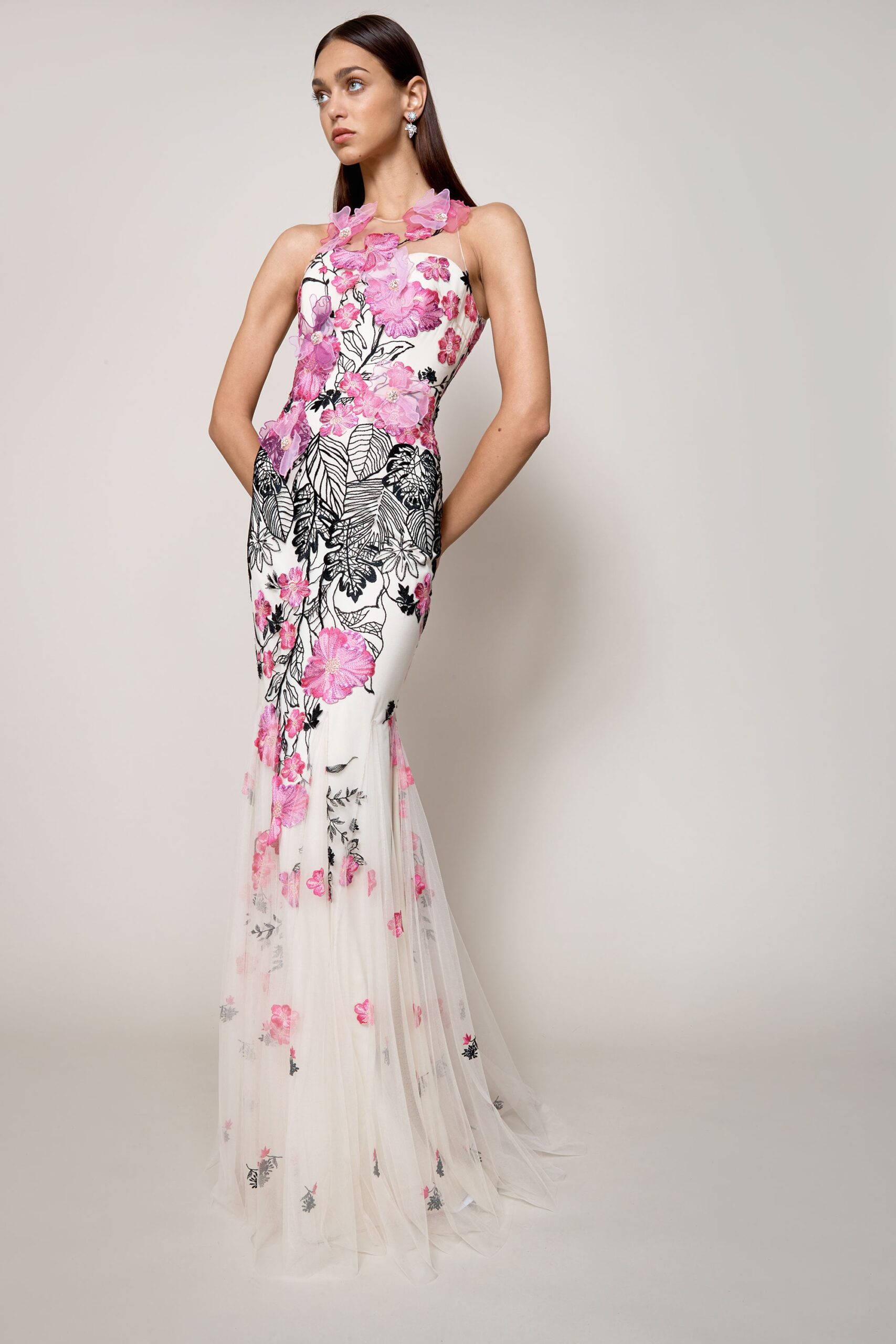 white floral embroidered gown