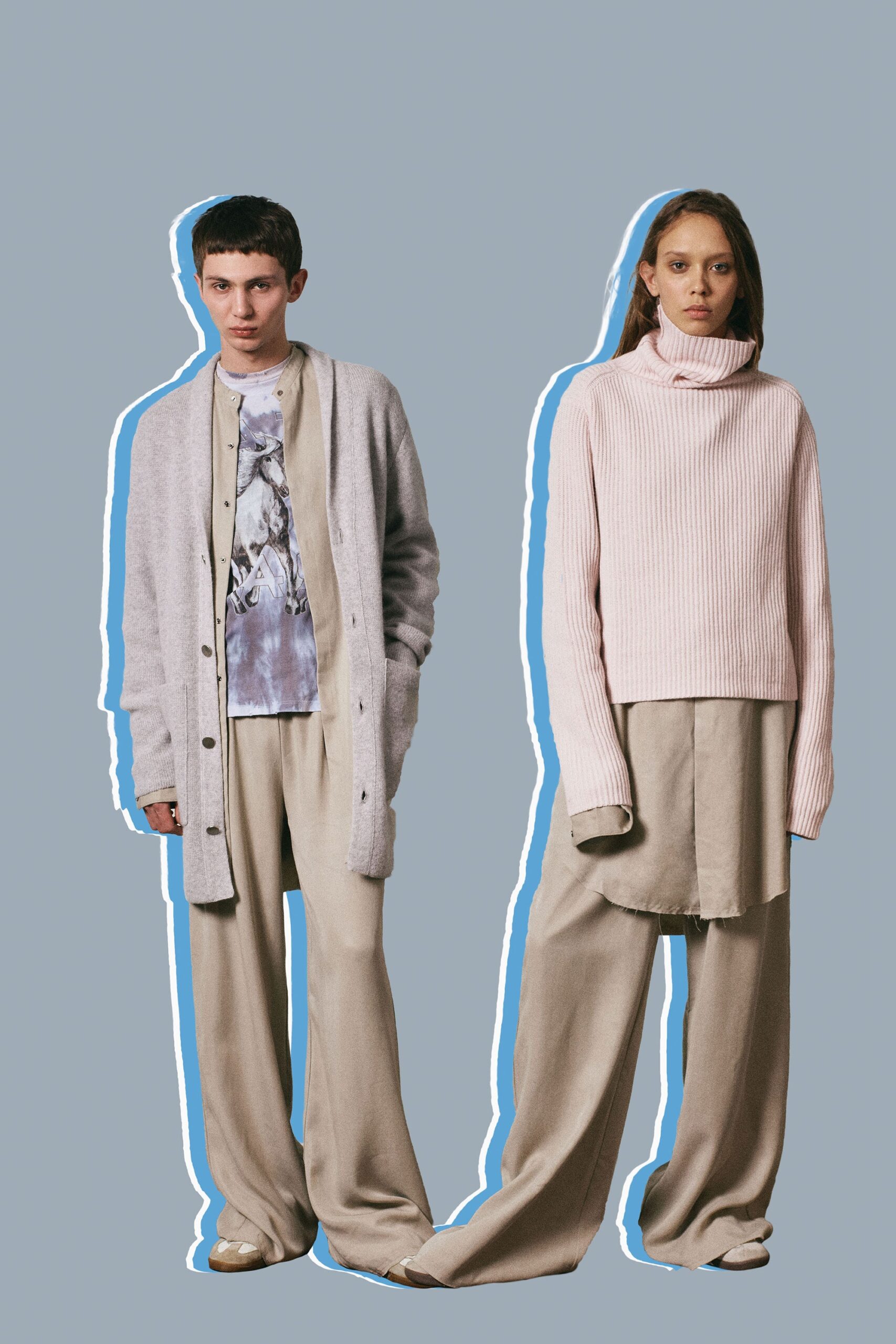 gray cardigan pink top beige pants