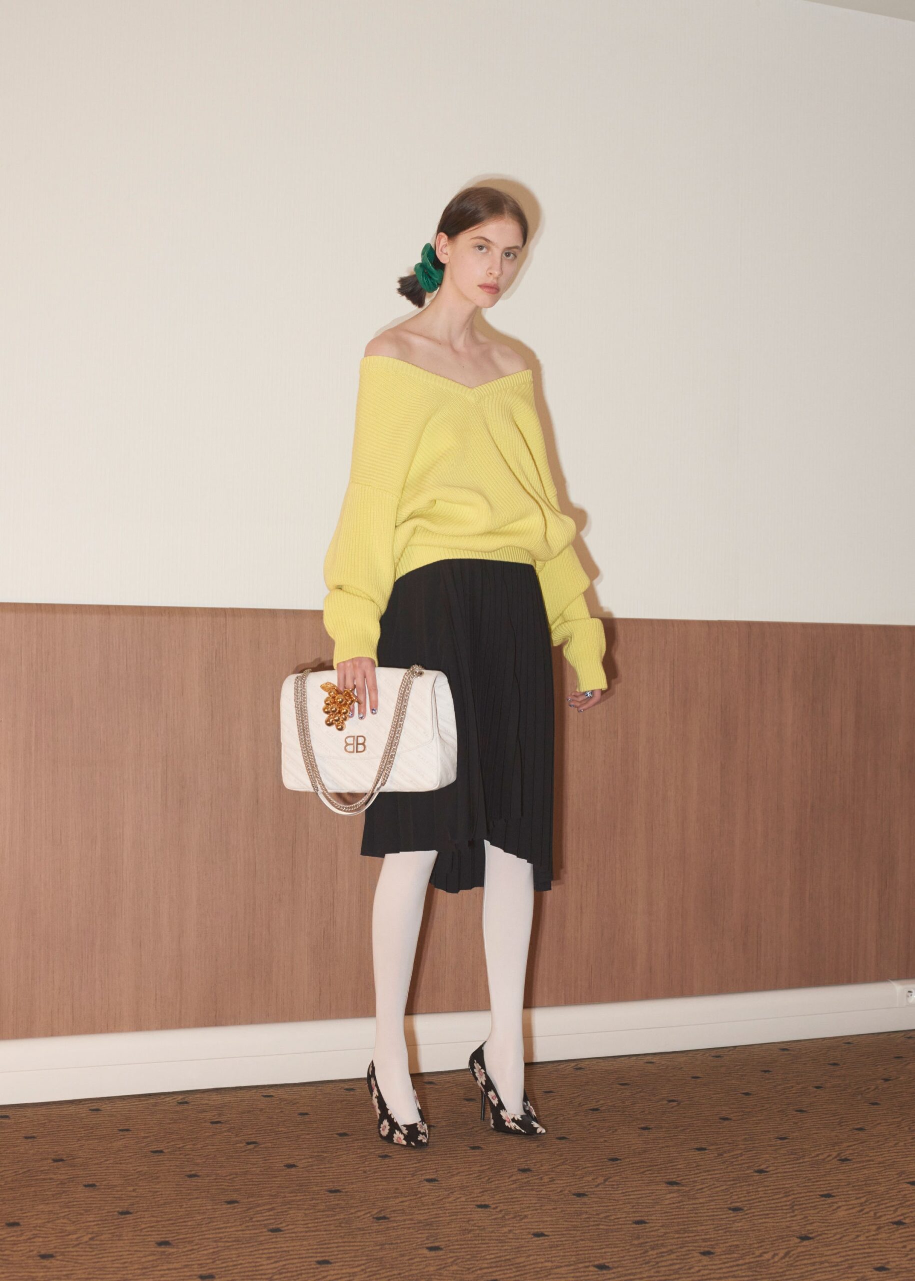 yellow cotton long-sleeve off-shoulder oversized ribbed sweater