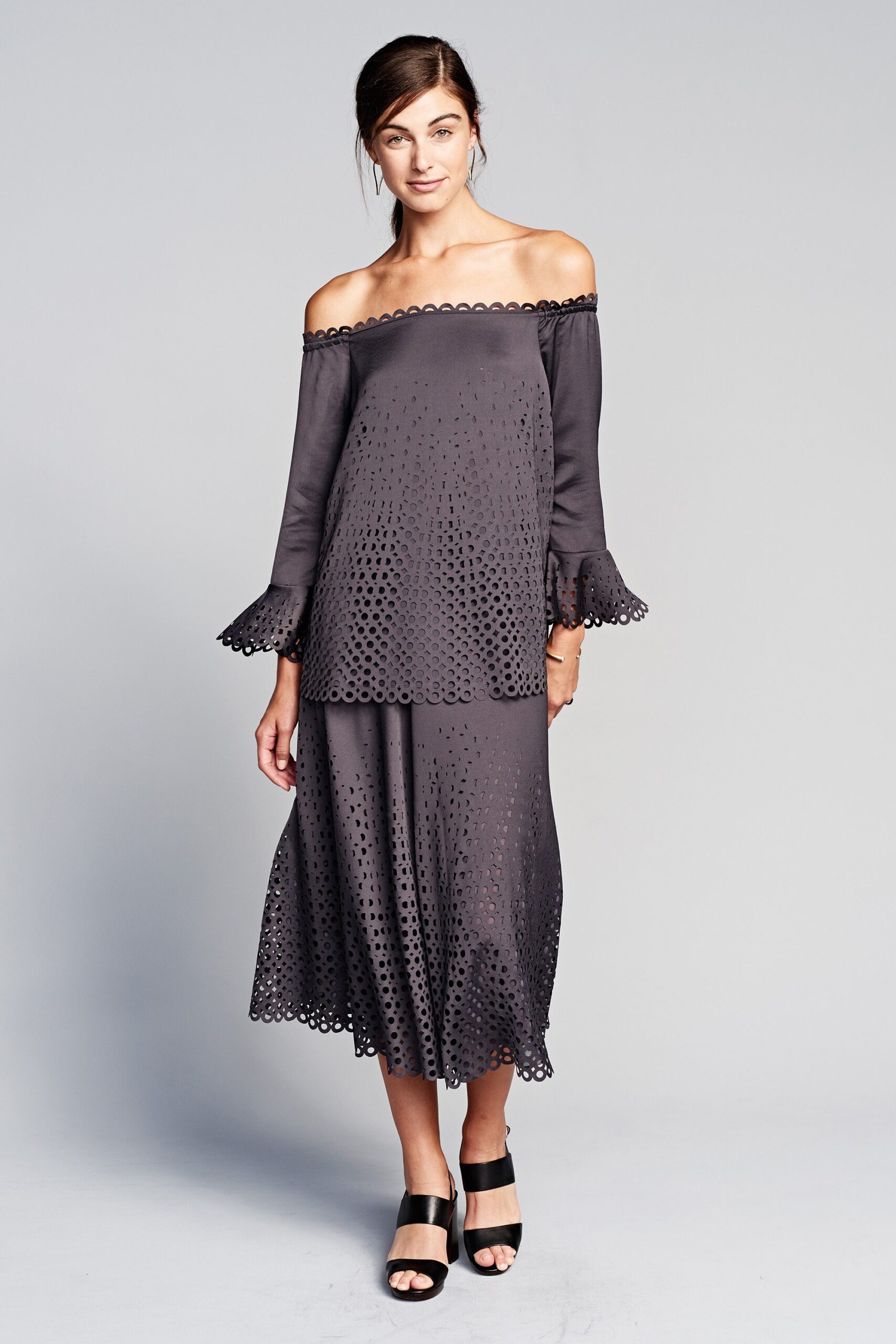 gray cotton long-sleeve off-shoulder relaxed embroidered tiered dress