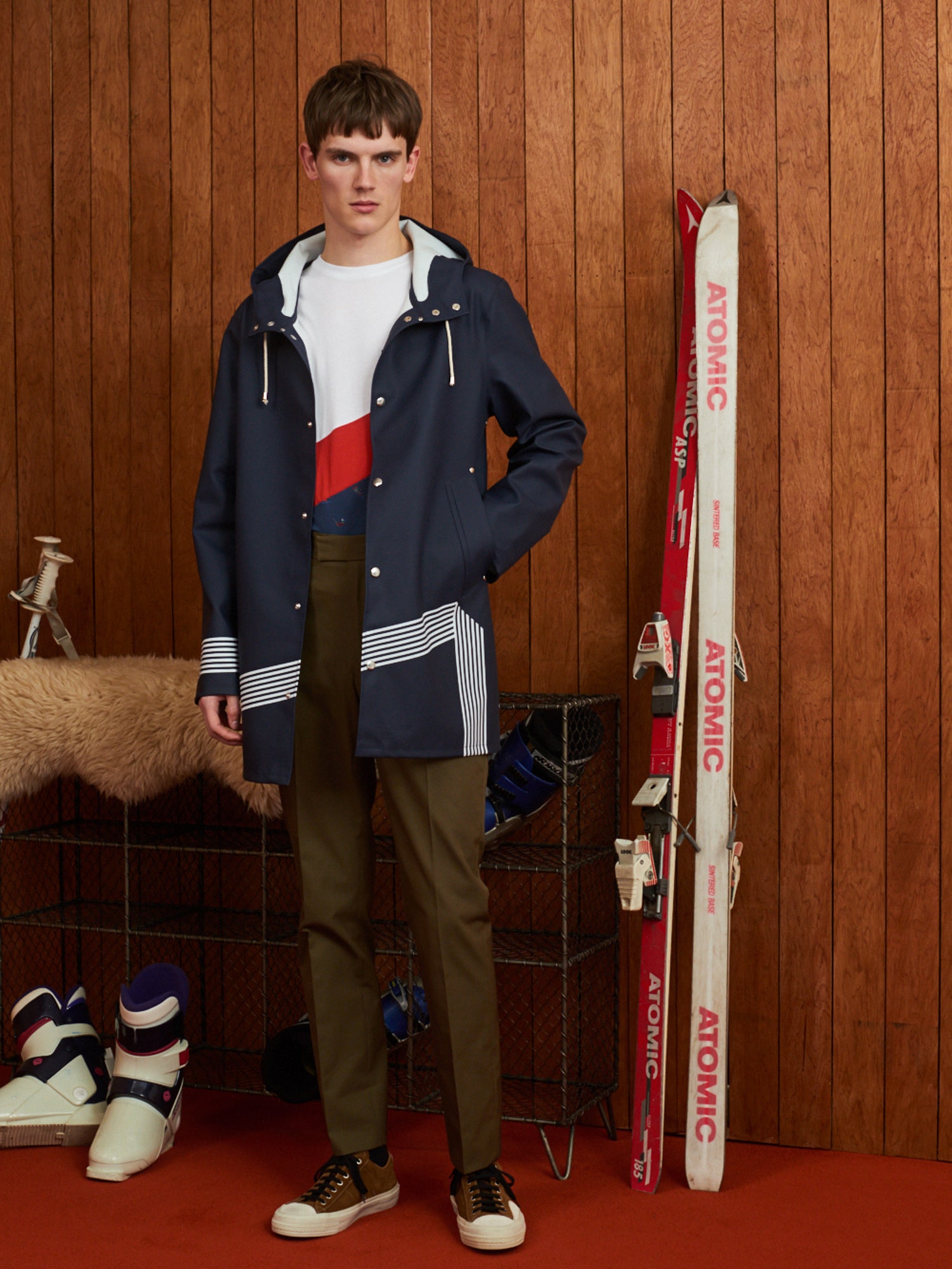 navy jacket with color-blocked t-shirt