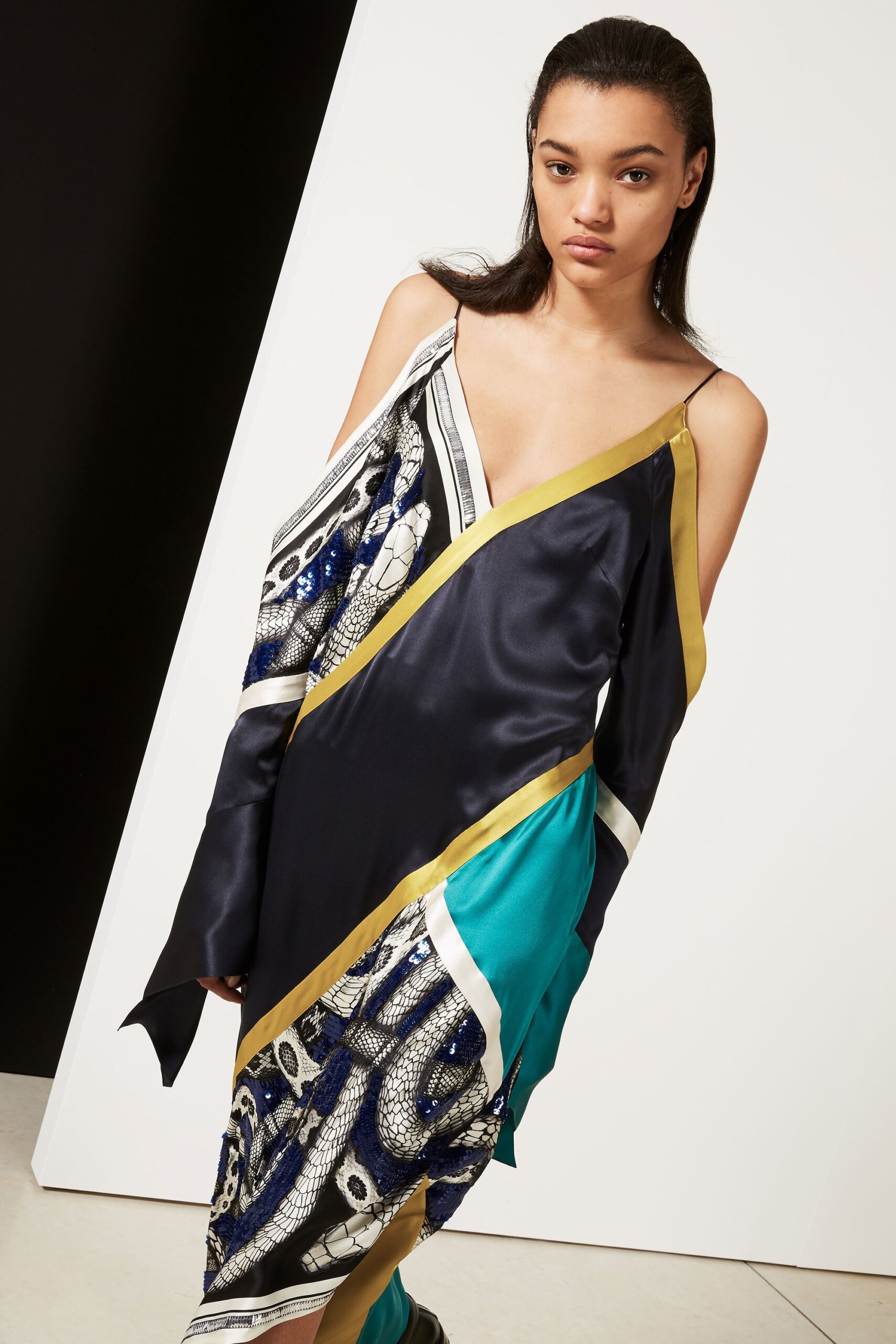 blue silk asymmetric dress