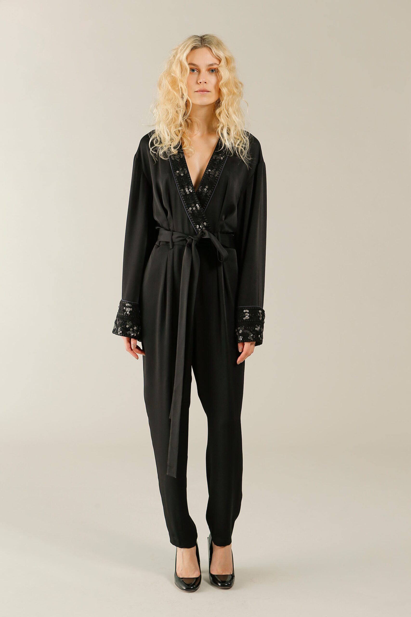 black silk belted jumpsuit