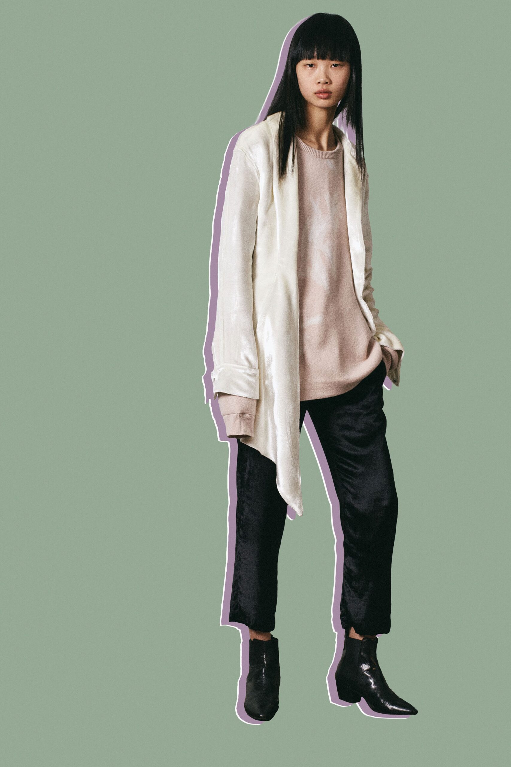 white silk long-sleeve collared relaxed draped jacket