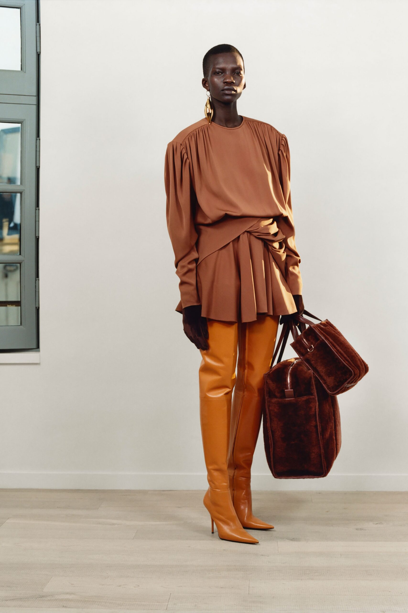 brown silk long-sleeve high-neck fitted pleated mini dress