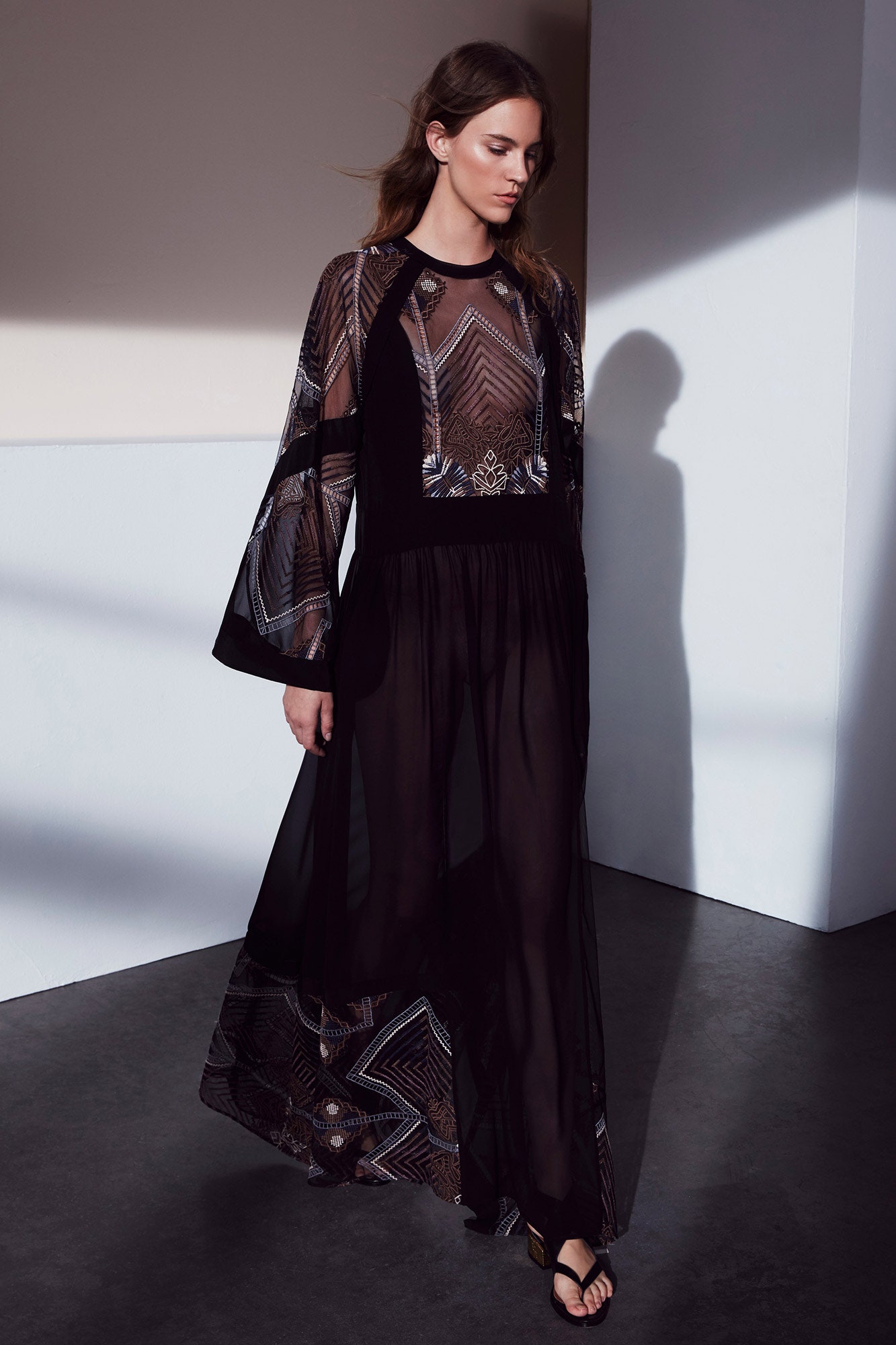 black chiffon long-sleeve v-neck fitted layered embroidered dress
