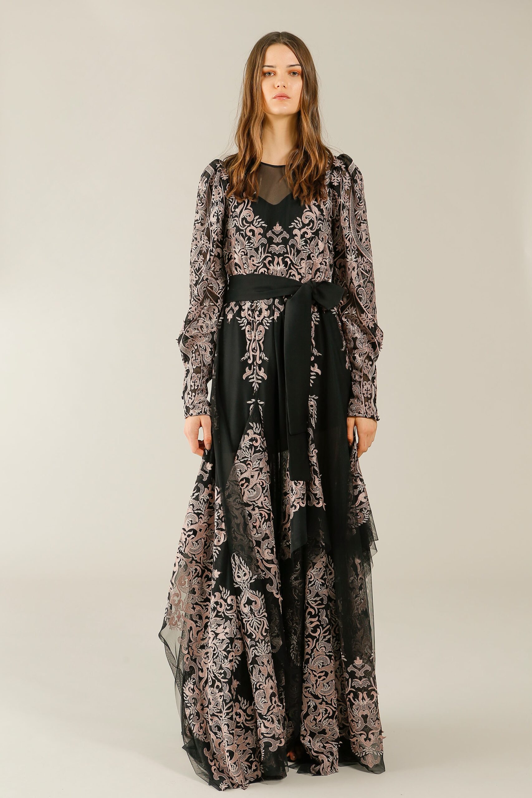 black and pink embroidered maxi dress