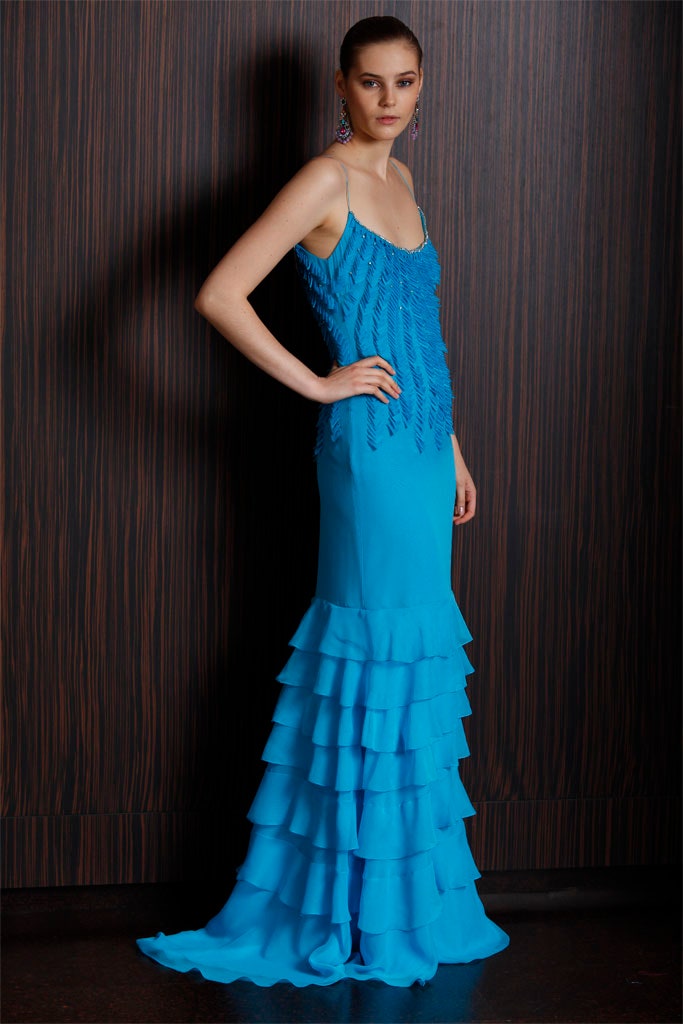 blue silk sleeveless gown
