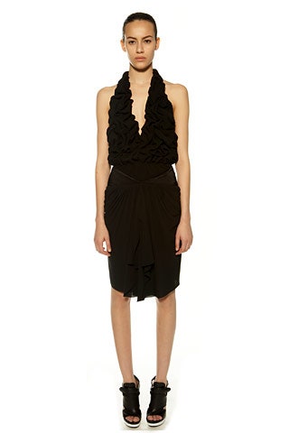 black ruffled midi dress and heels