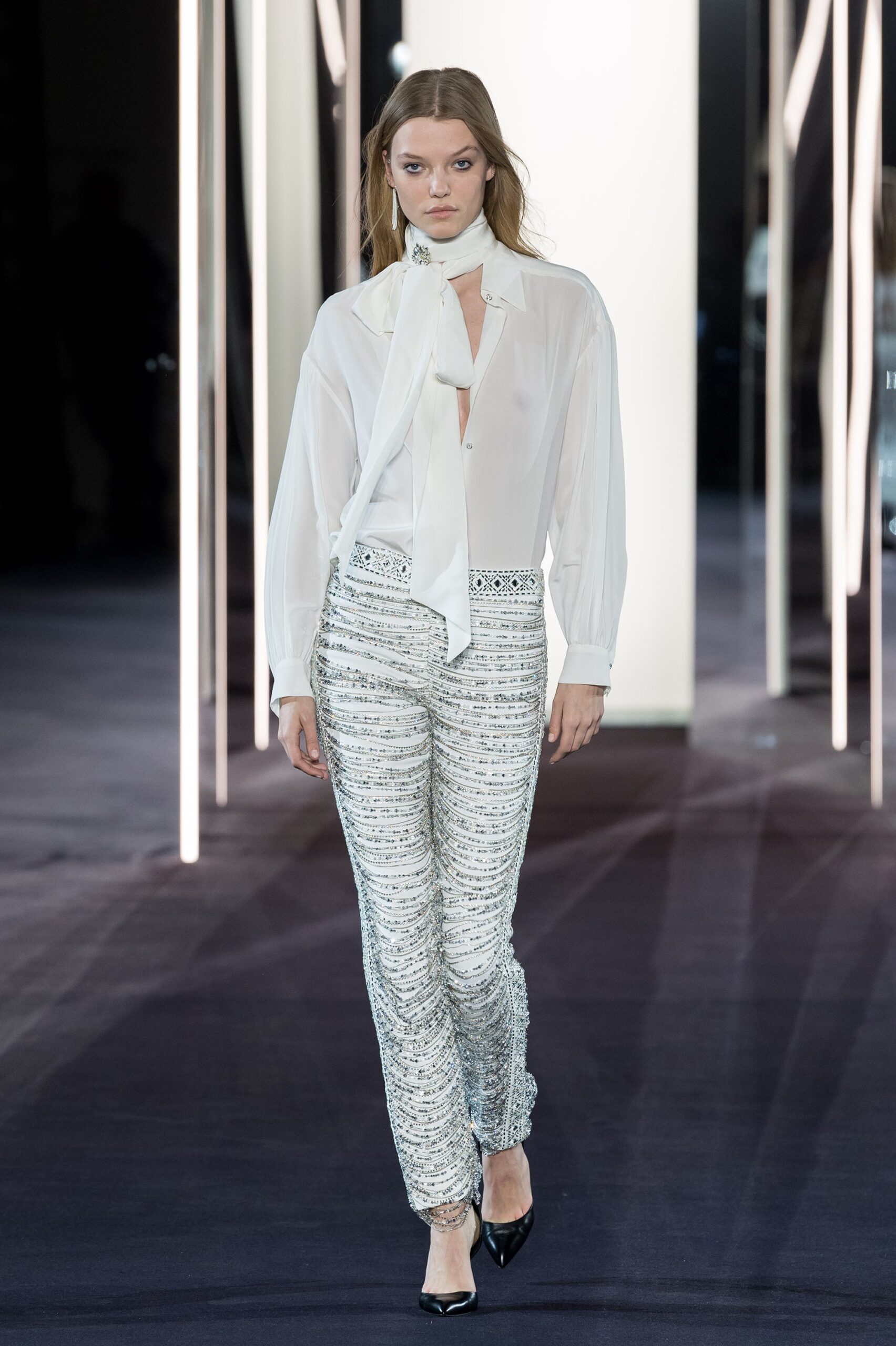 white silk long-sleeve collared relaxed buttoned shirt