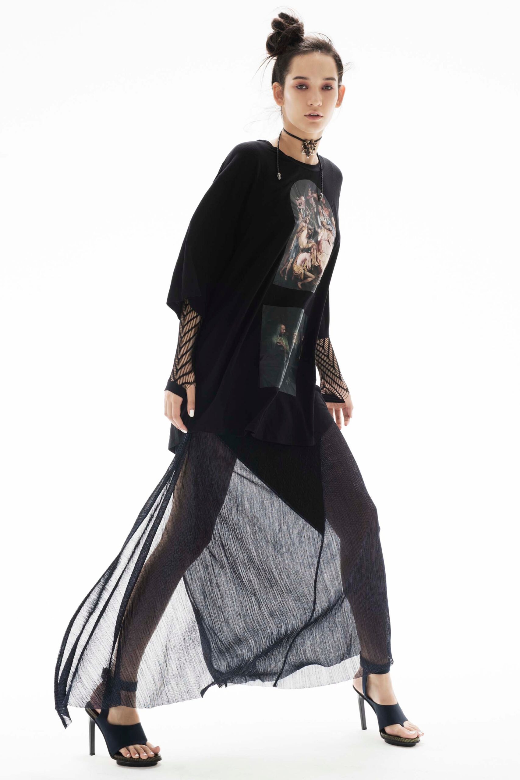 black relaxed top with pleated maxi skirt