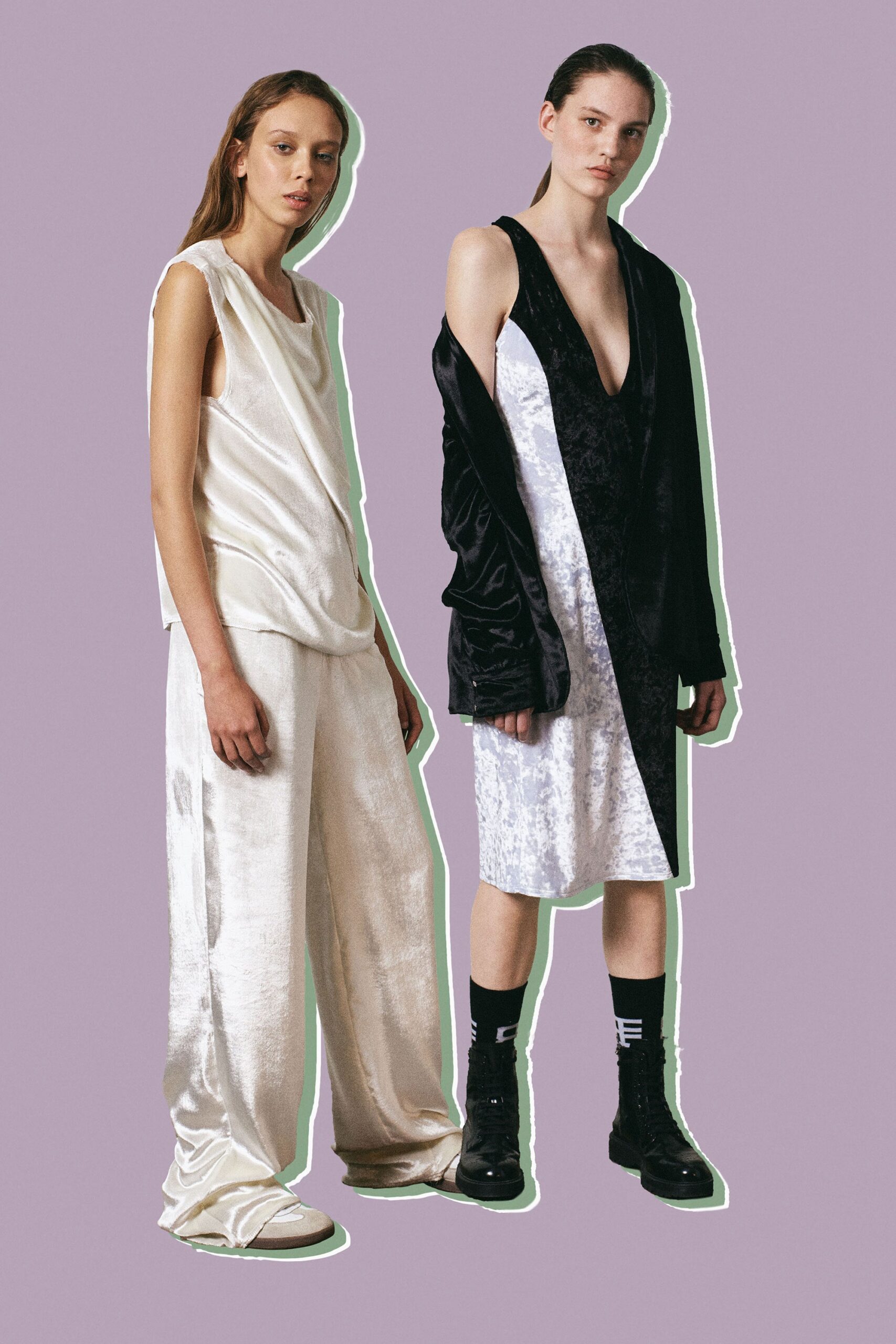 white silk top and pants with black velvet dress
