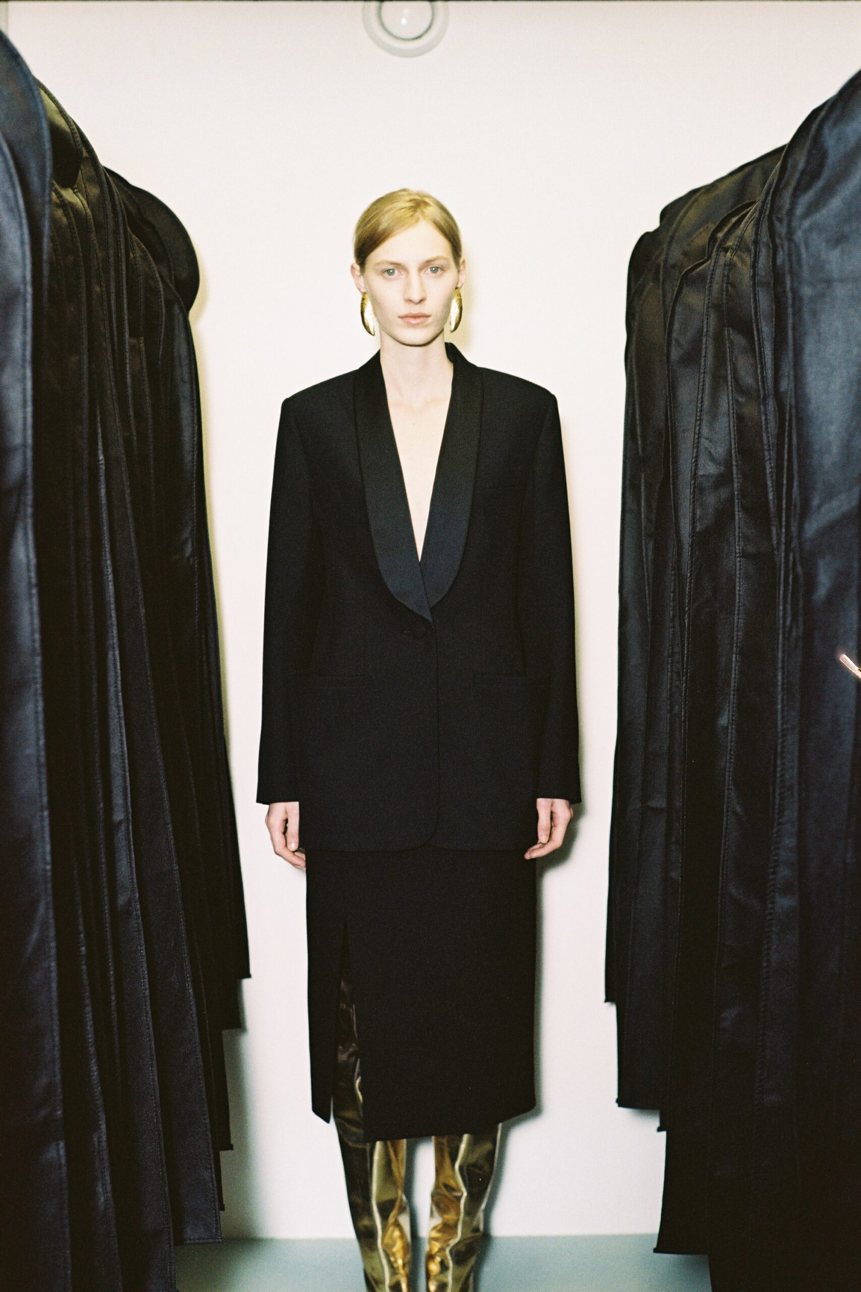 black silk tailored blazer and pencil skirt