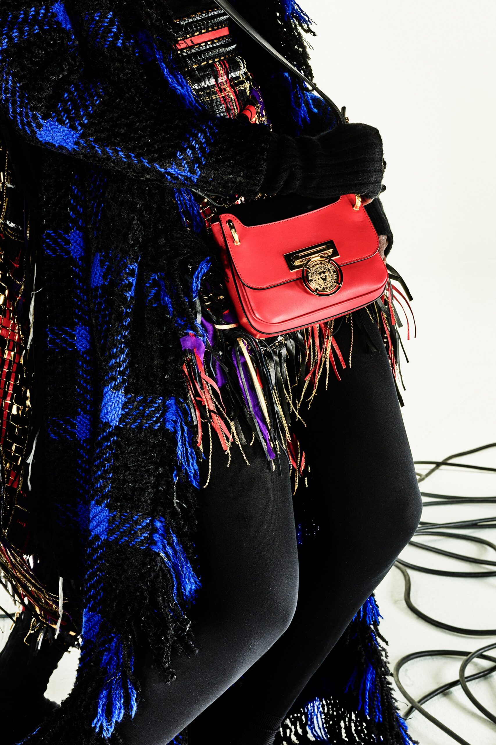 oversized plaid coat with red bag