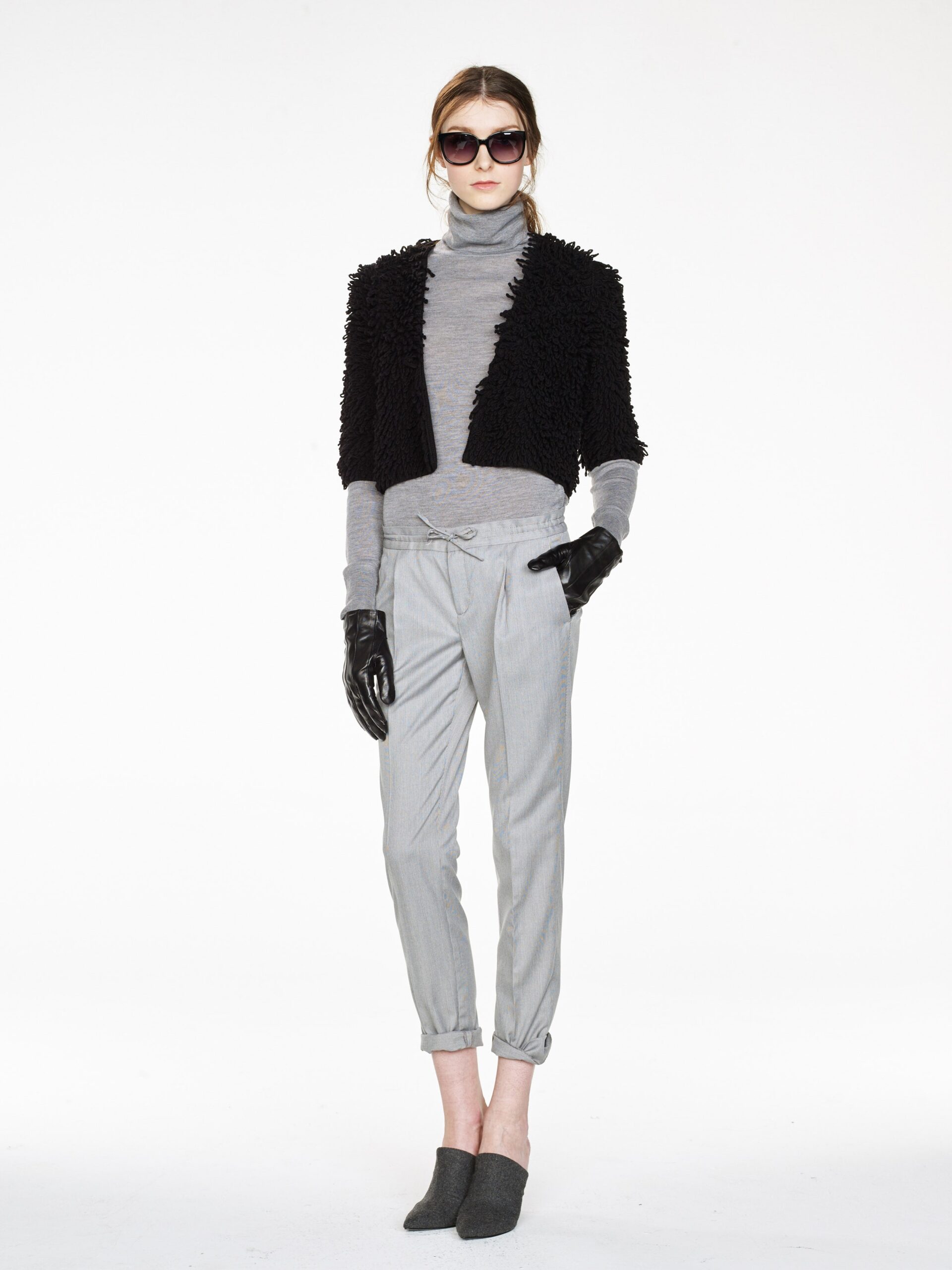 black faux-fur jacket gray turtleneck