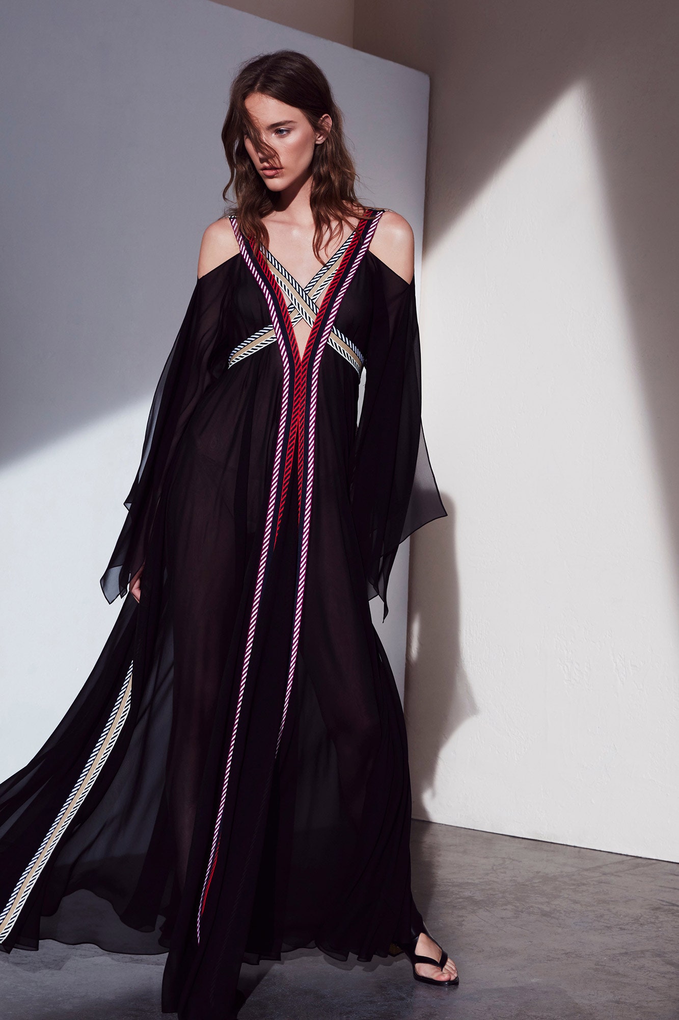 black chiffon off-shoulder gown