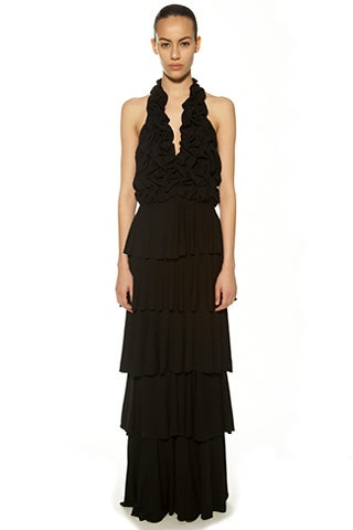 black silk sleeveless tiered dress