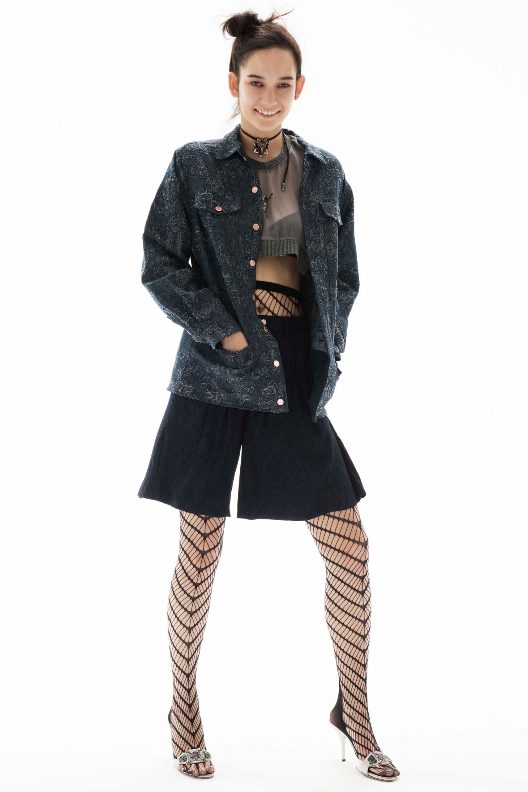 blue denim jacket with silk top