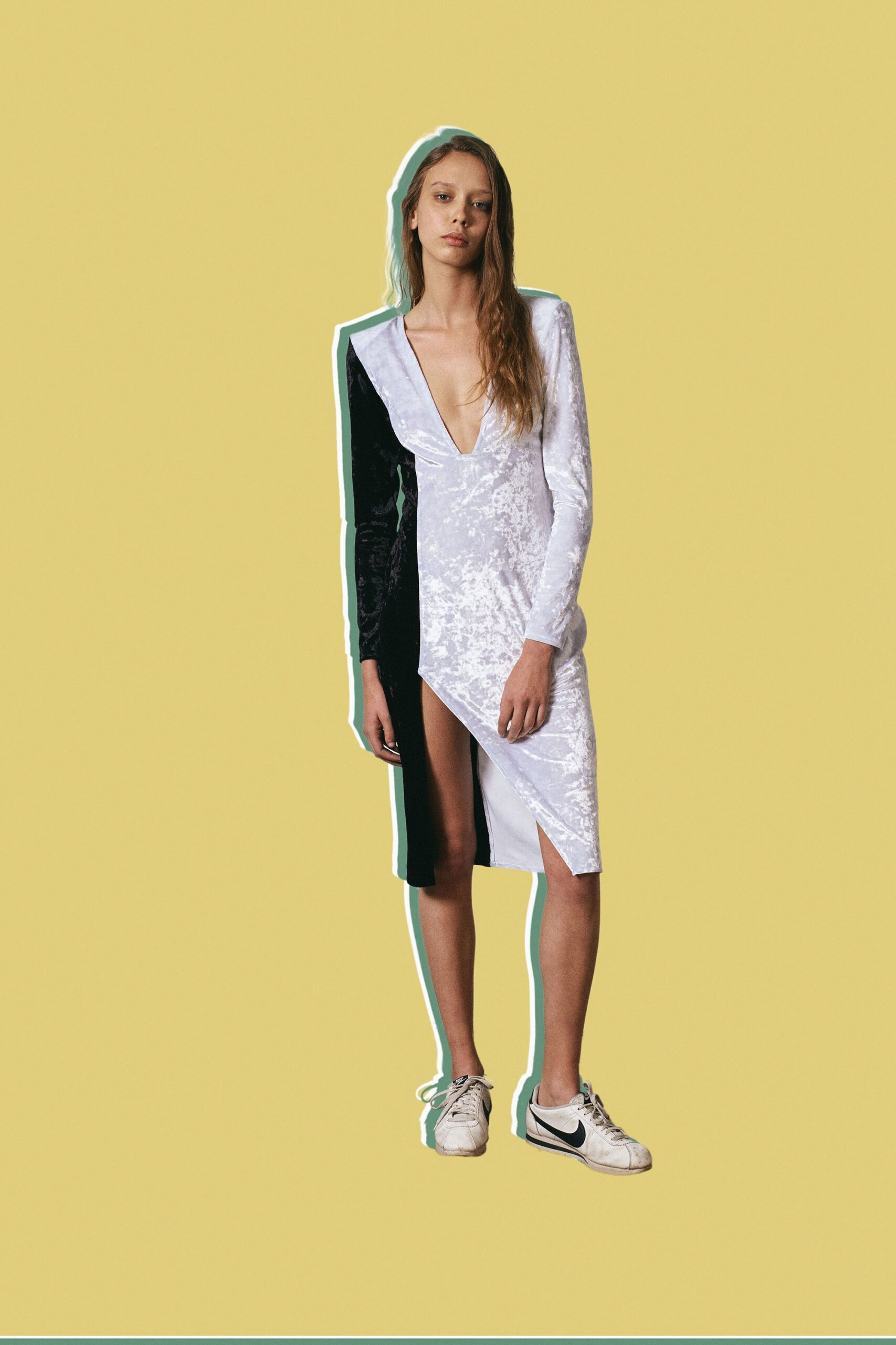 black and white midi dress with sneakers