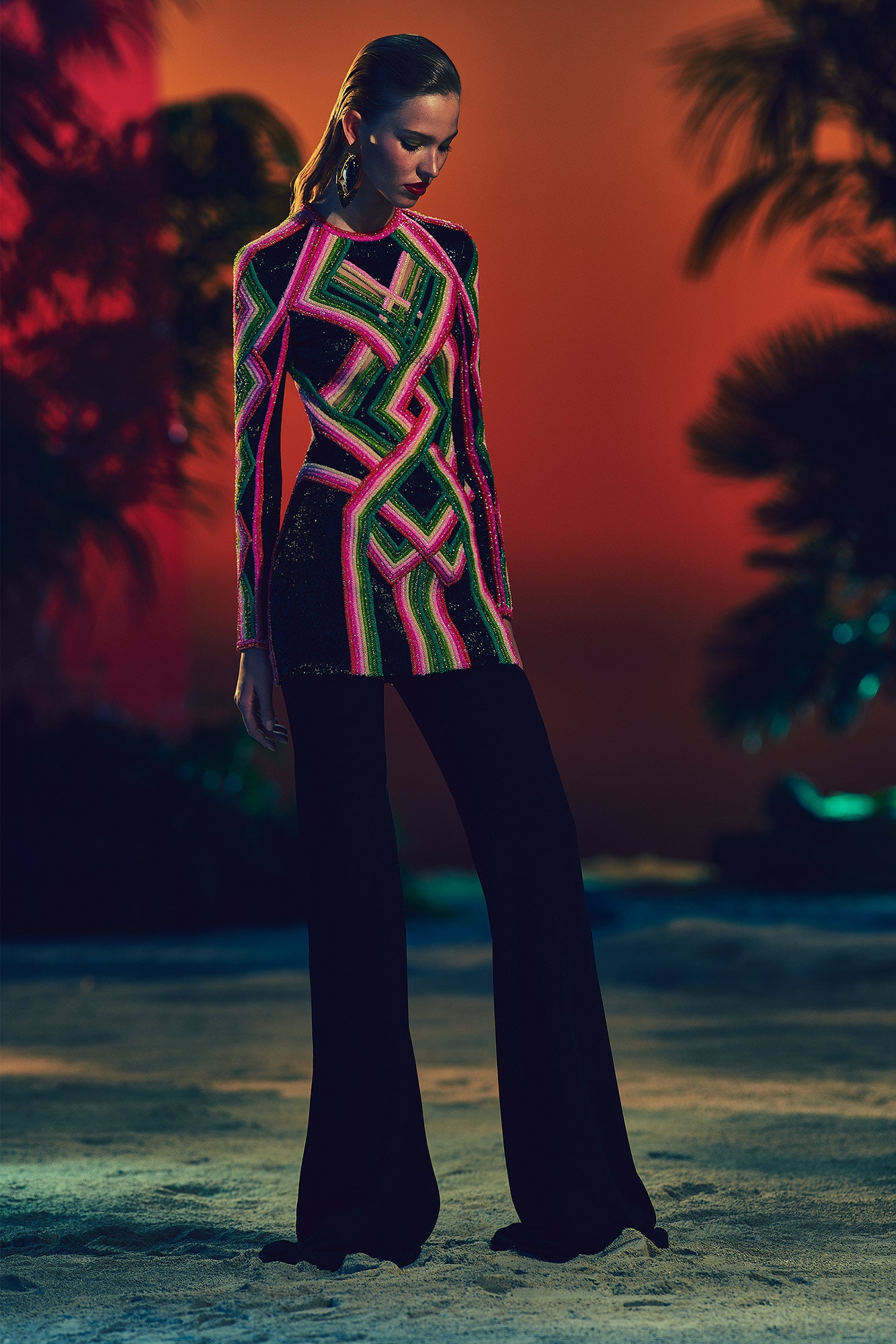 black sequin long-sleeve v-neck fitted embroidered layered top