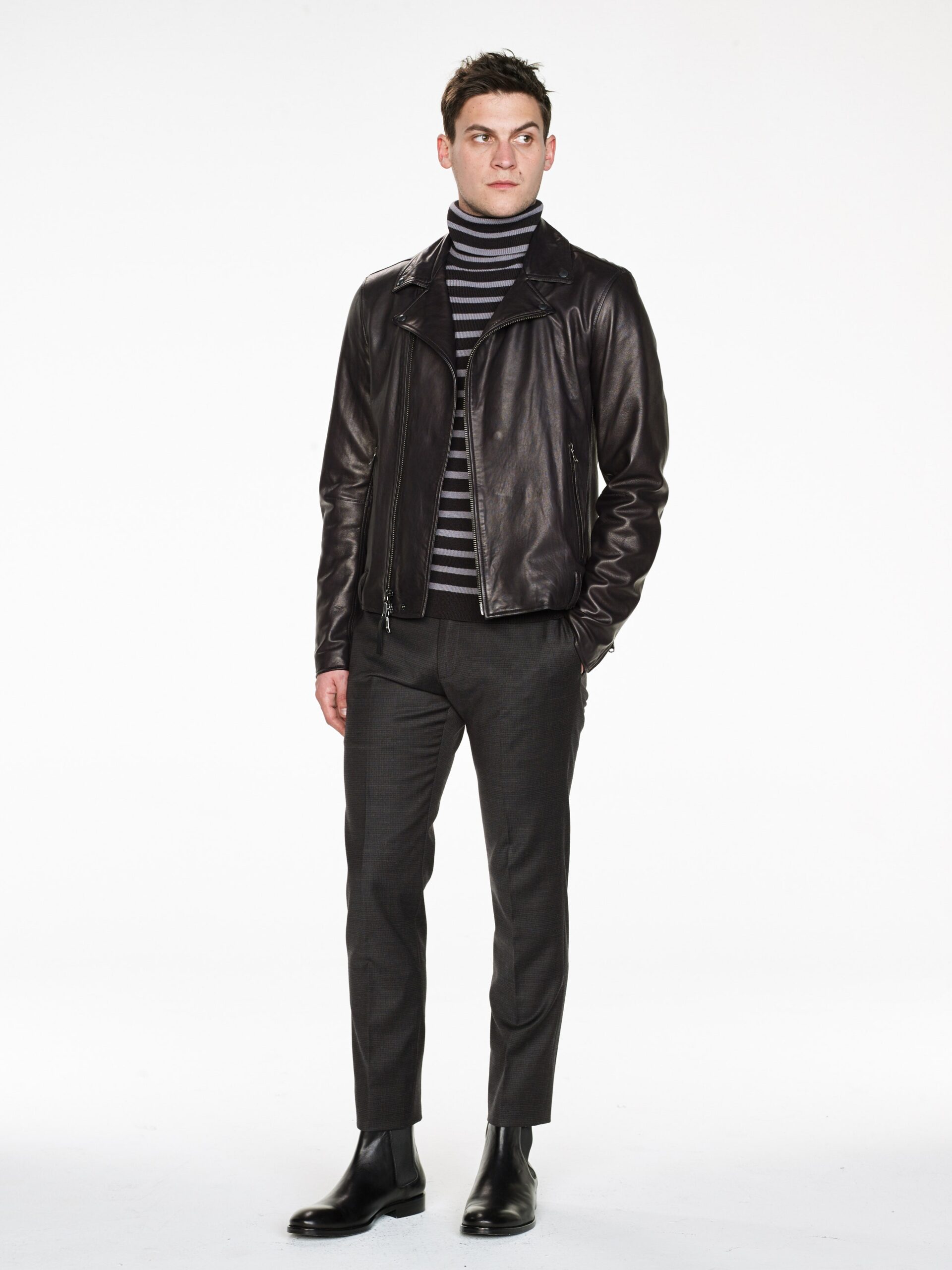 black leather jacket with turtleneck
