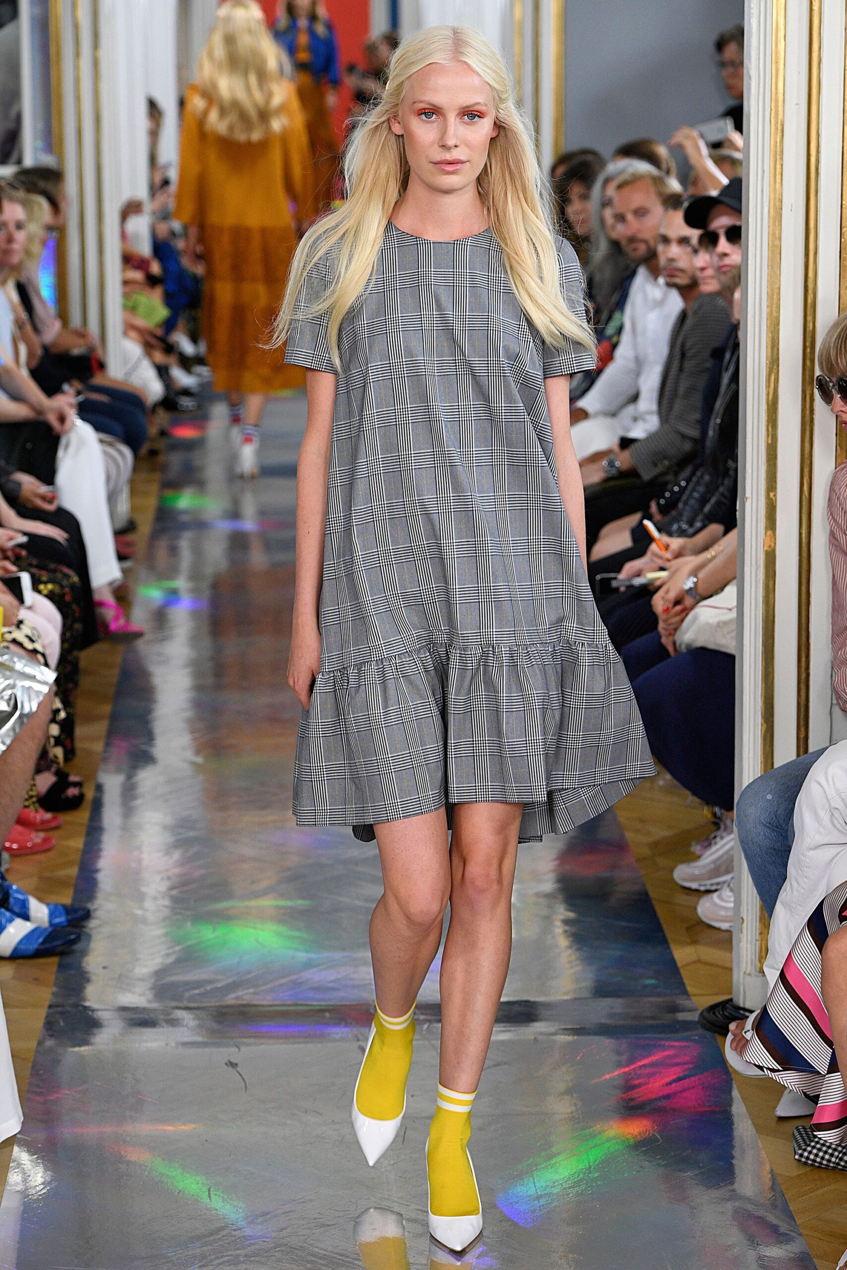 gray checked mini dress