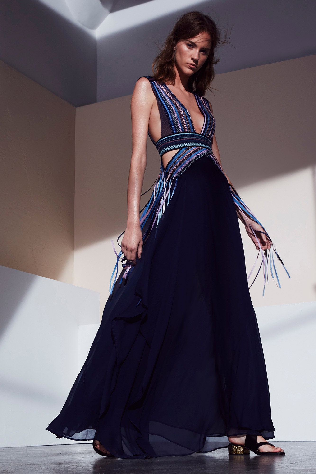 blue silk sleeveless gown
