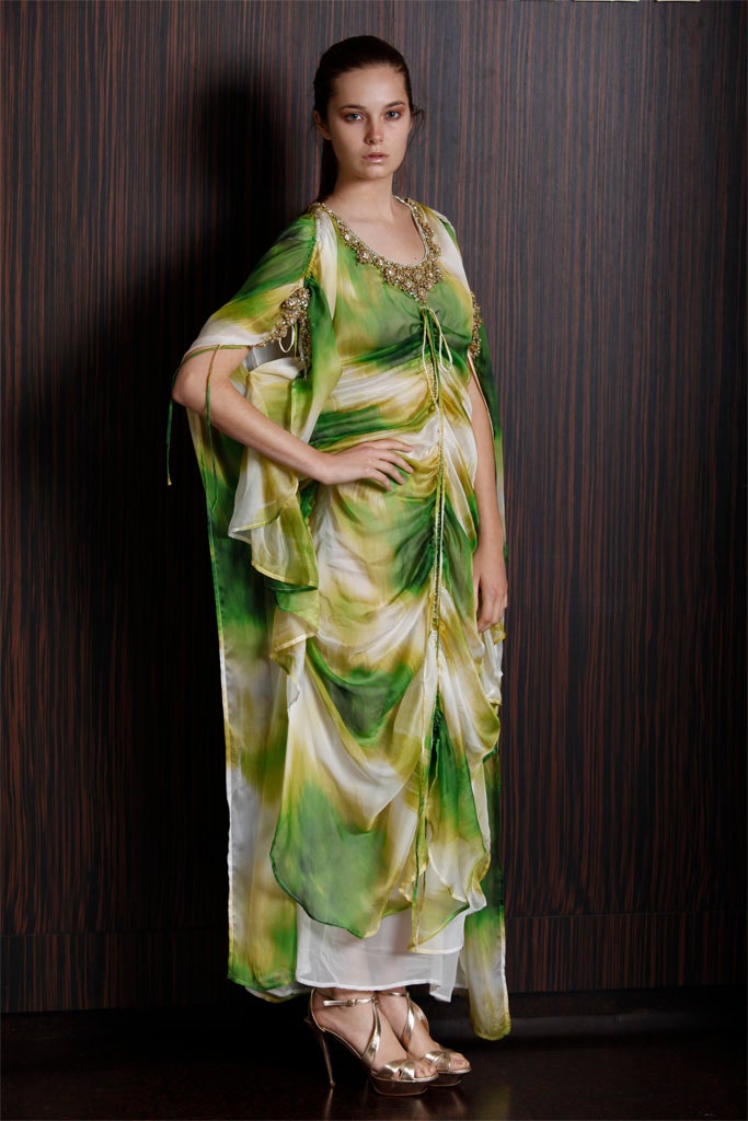 green silk draped maxi dress