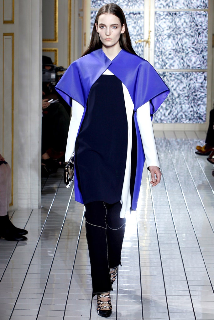 purple cape black and white dress