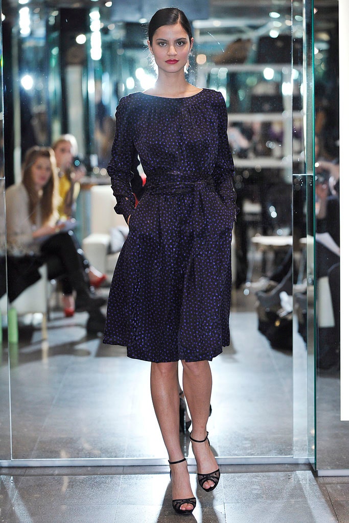 blue silk long-sleeve collared fitted belted pleated dress