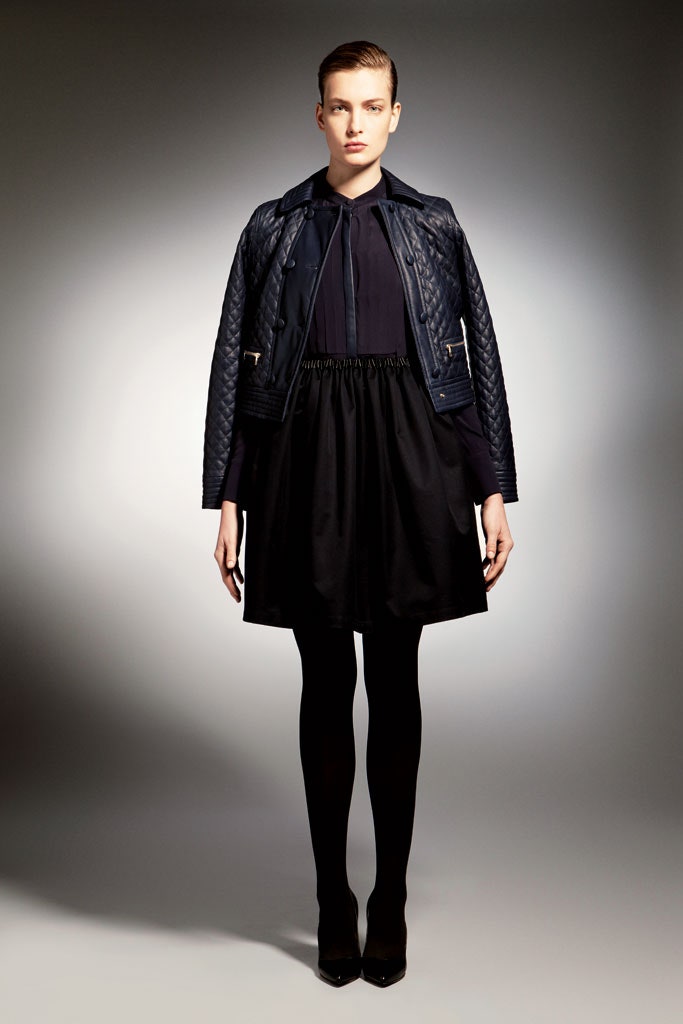 black leather long-sleeve collared fitted quilted jacket