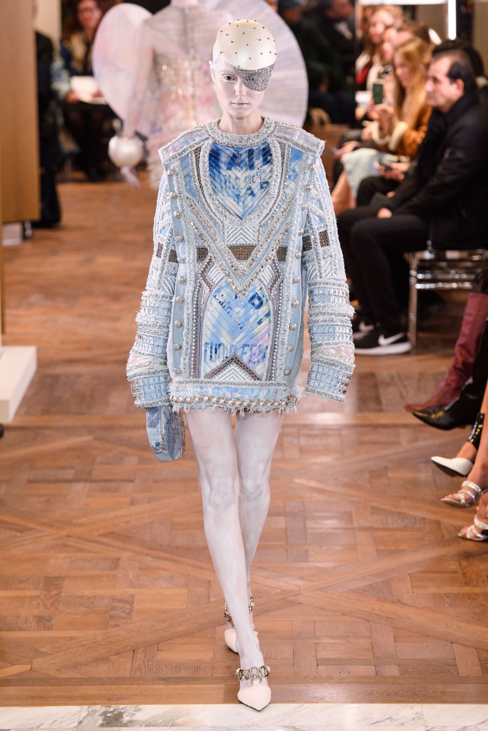 blue silk long-sleeve high-neck fitted embroidered beaded dress
