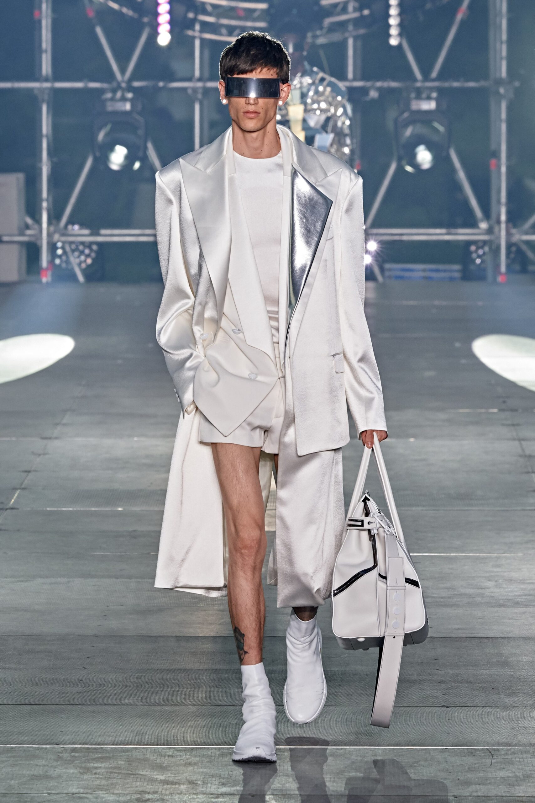 white silk suit with shorts