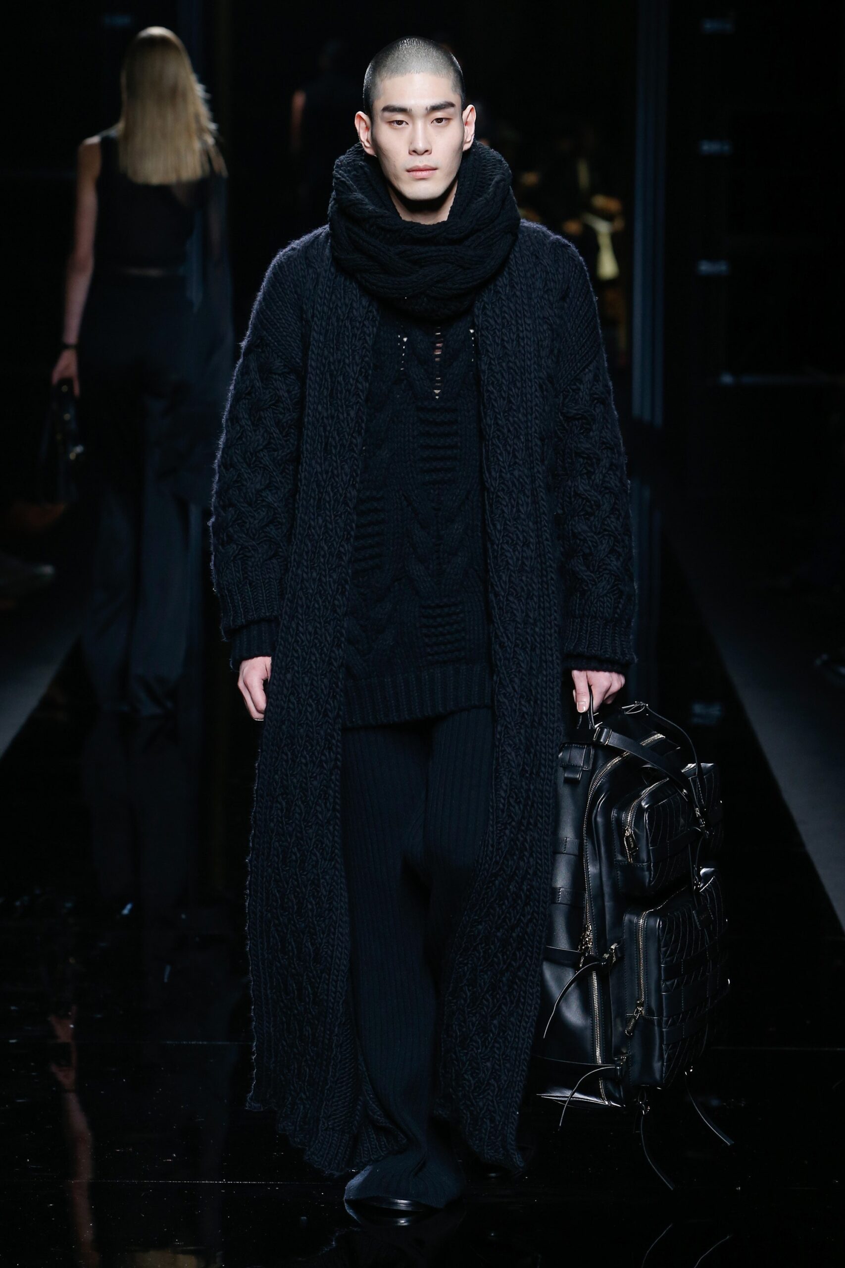 black wool coat and sweater