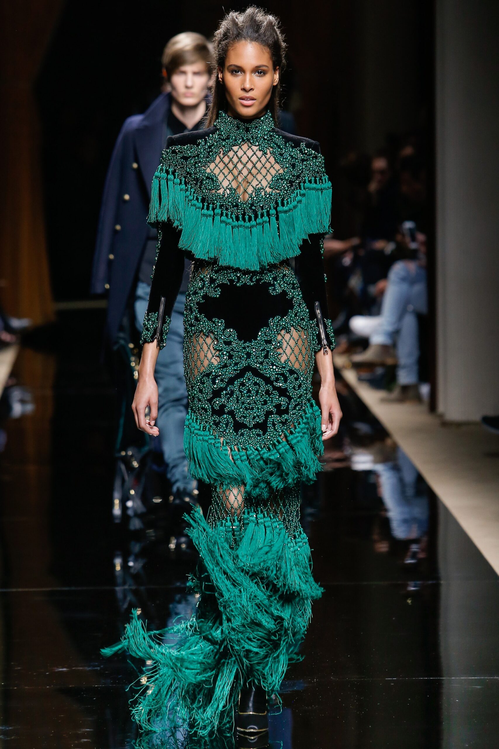 green silk lace fringed gown