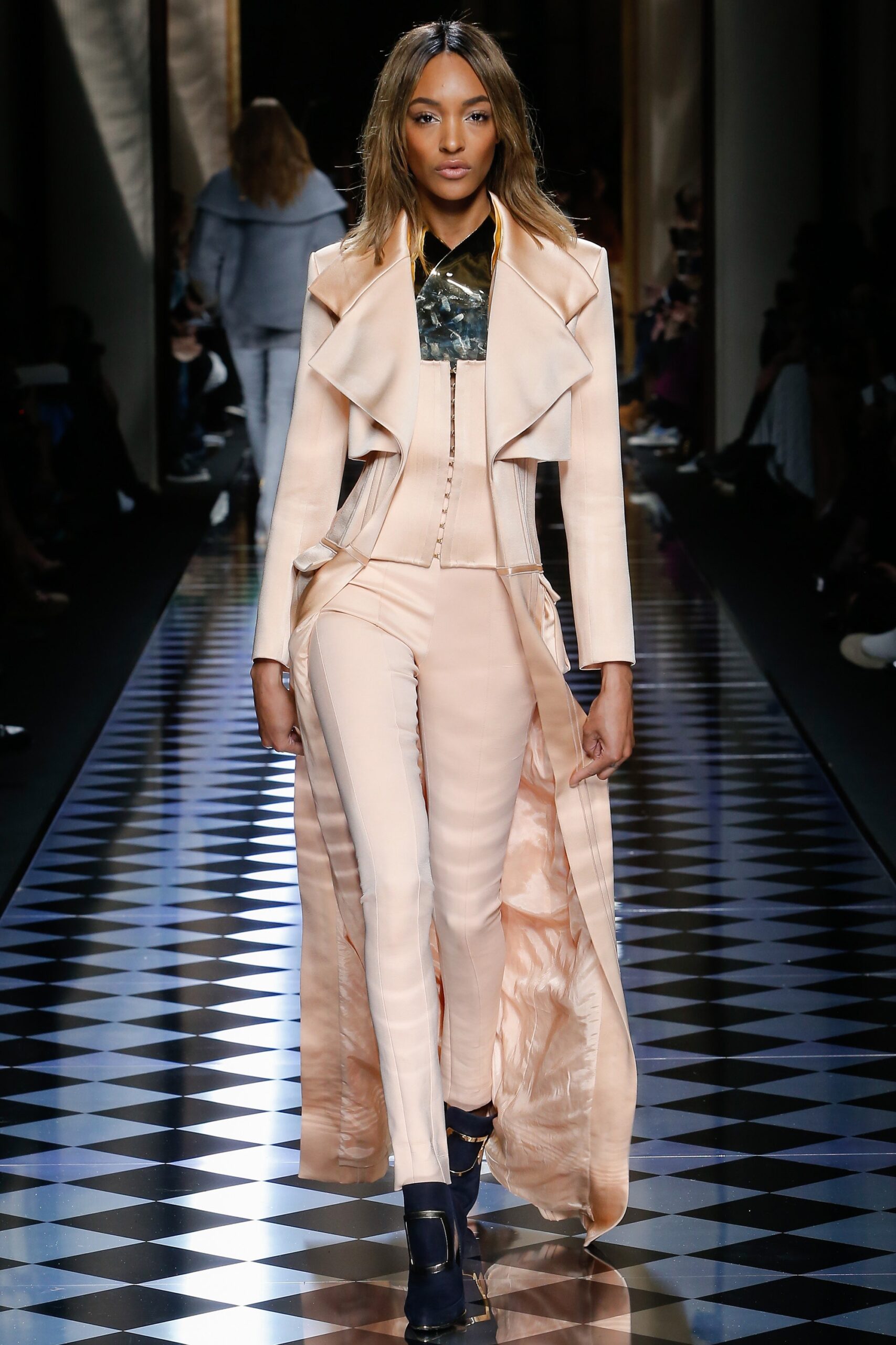 beige silk long-sleeve collared relaxed draped coat