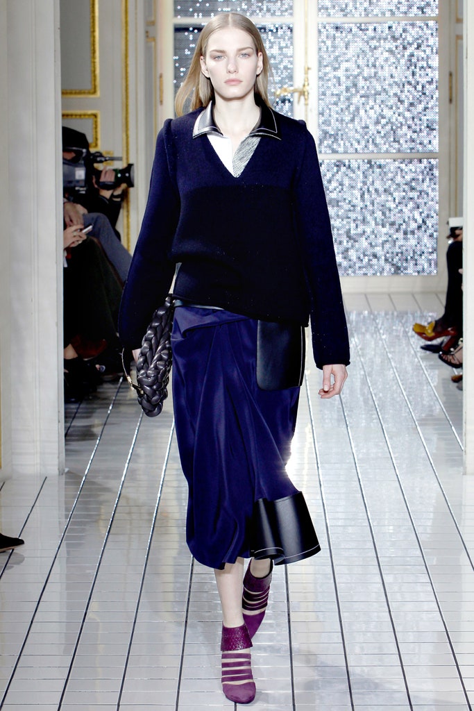 blue silk asymmetric fitted pleated flowing skirt