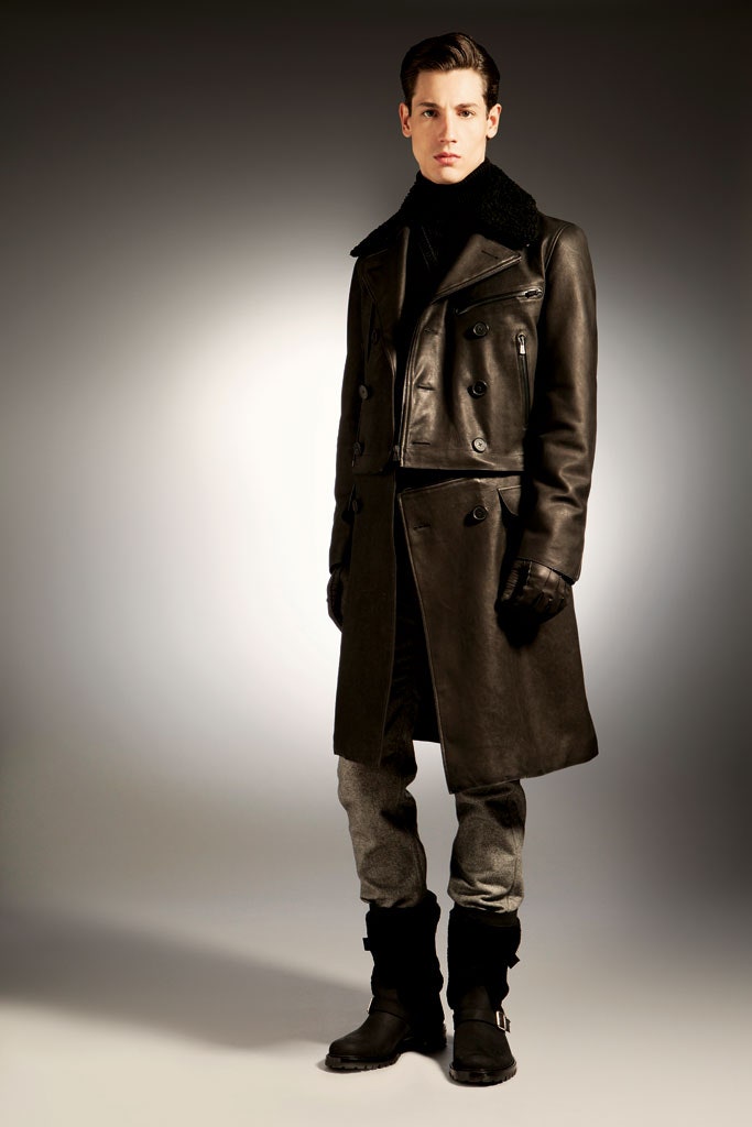 black leather coat with gray pants