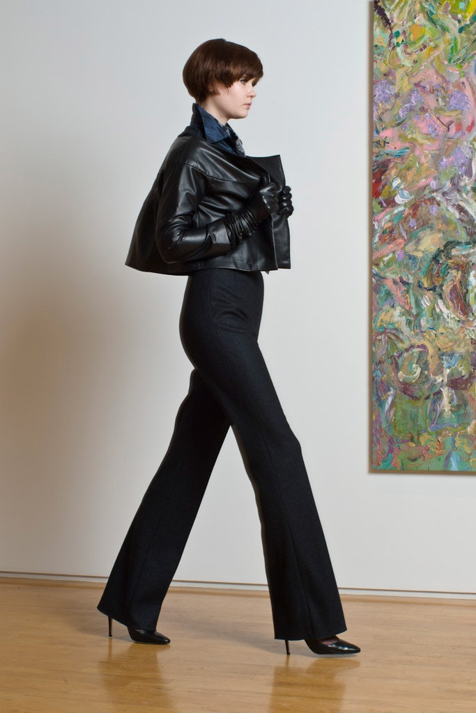 black leather jacket with blue shirt