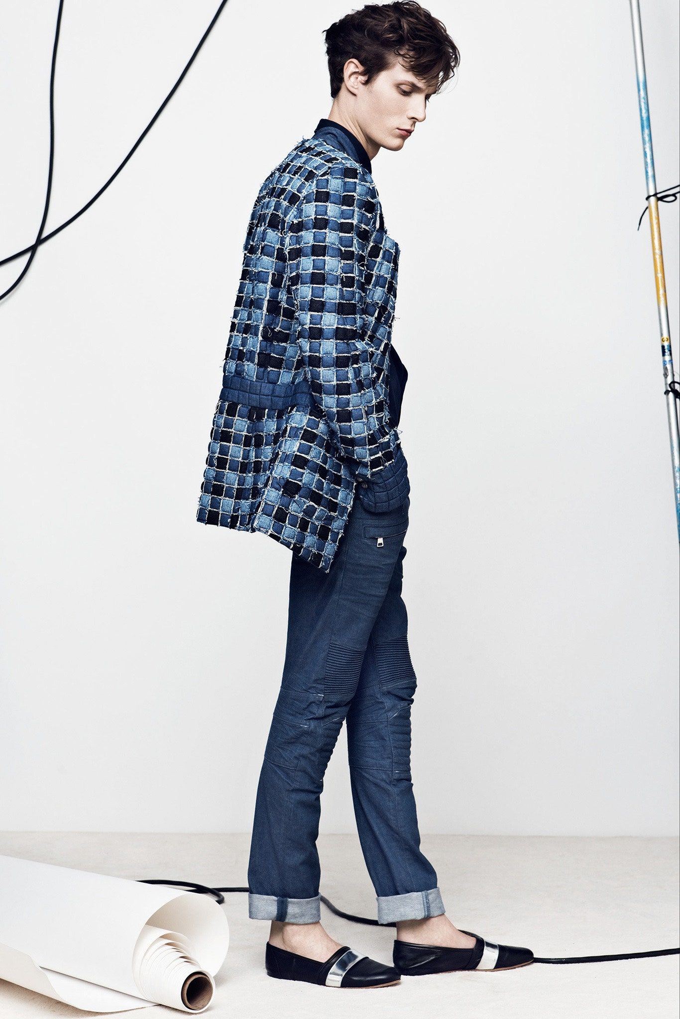 blue checked jacket with denim pants